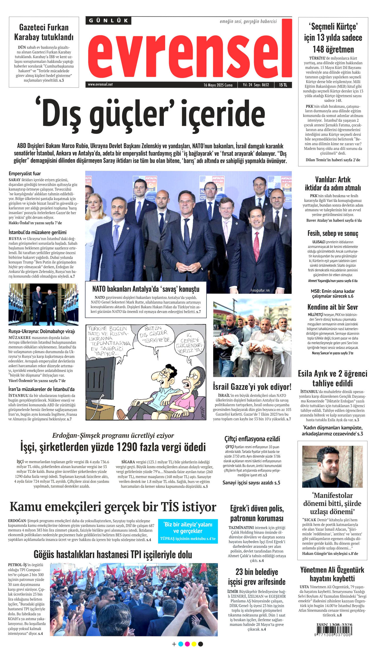 EVRENSEL gazetesinin 16 Mayıs 2025 tarihli birinci sayfası