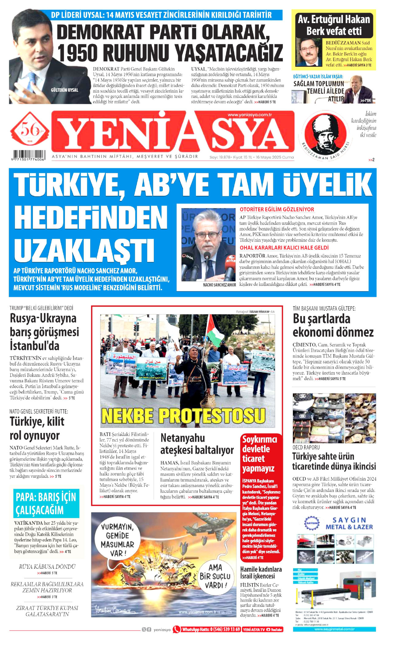 YENİ ASYA gazetesinin 16 Mayıs 2025 tarihli birinci sayfası