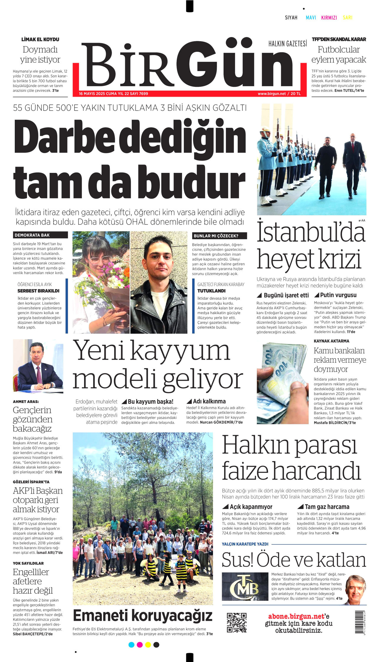 BİRGÜN gazetesinin 16 Mayıs 2025 tarihli birinci sayfası