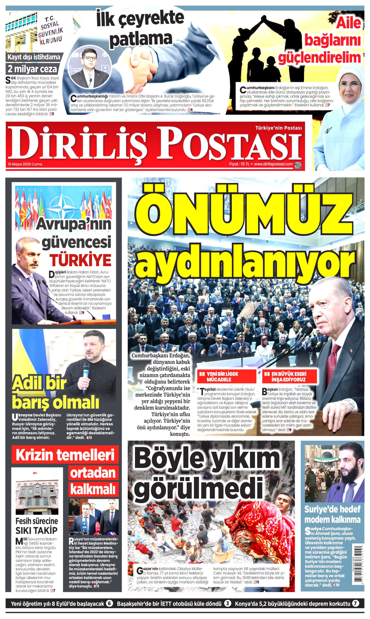 DİRİLİŞ POSTASI gazetesinin 16 Mayıs 2025 tarihli birinci sayfası