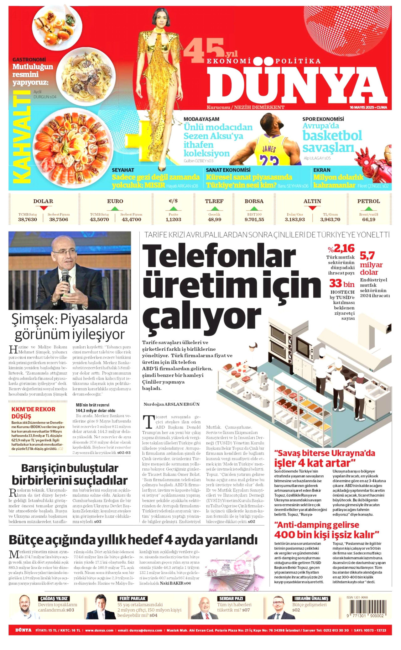 DÜNYA gazetesinin 16 Mayıs 2025 tarihli birinci sayfası
