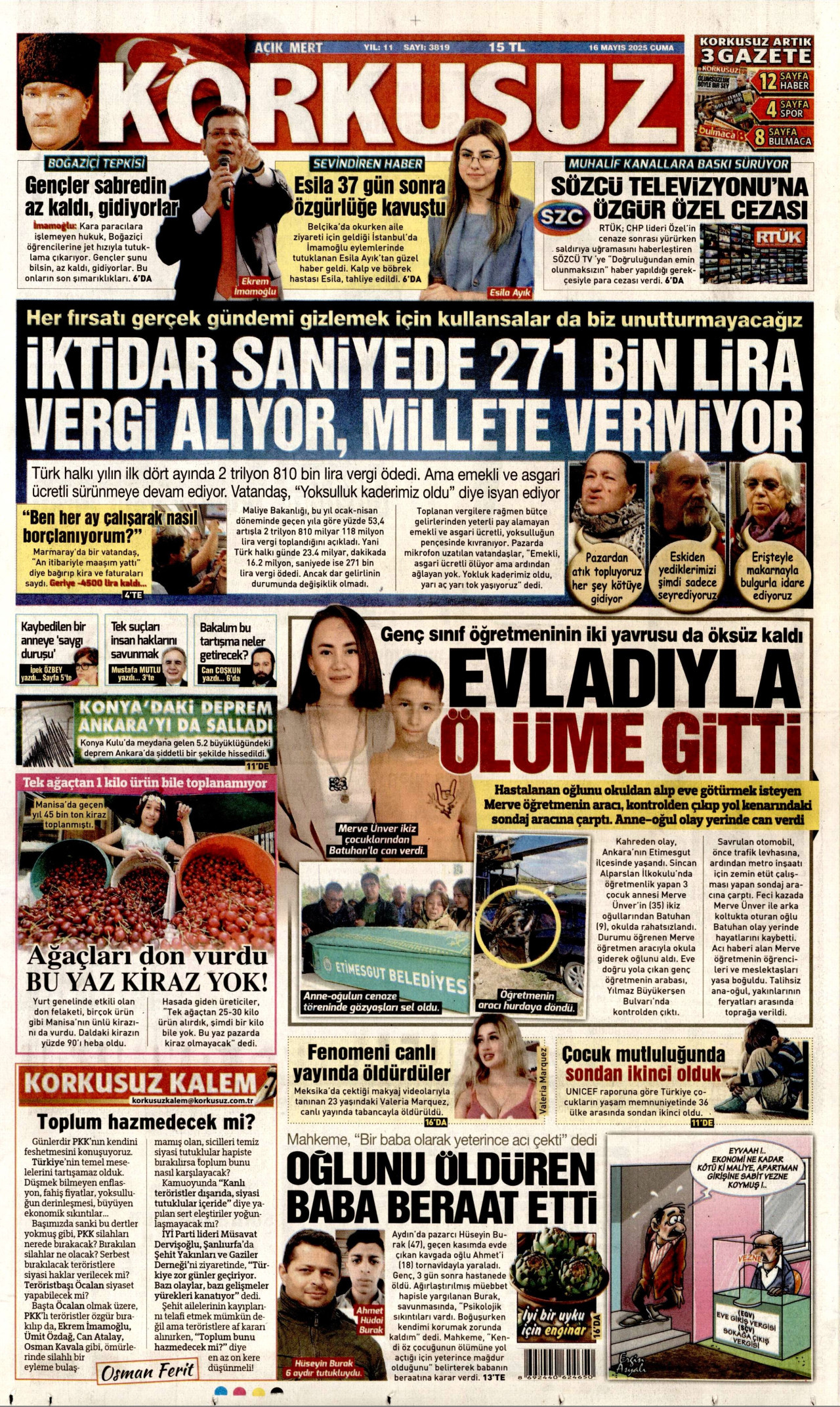 KORKUSUZ gazetesinin 16 Mayıs 2025 tarihli birinci sayfası