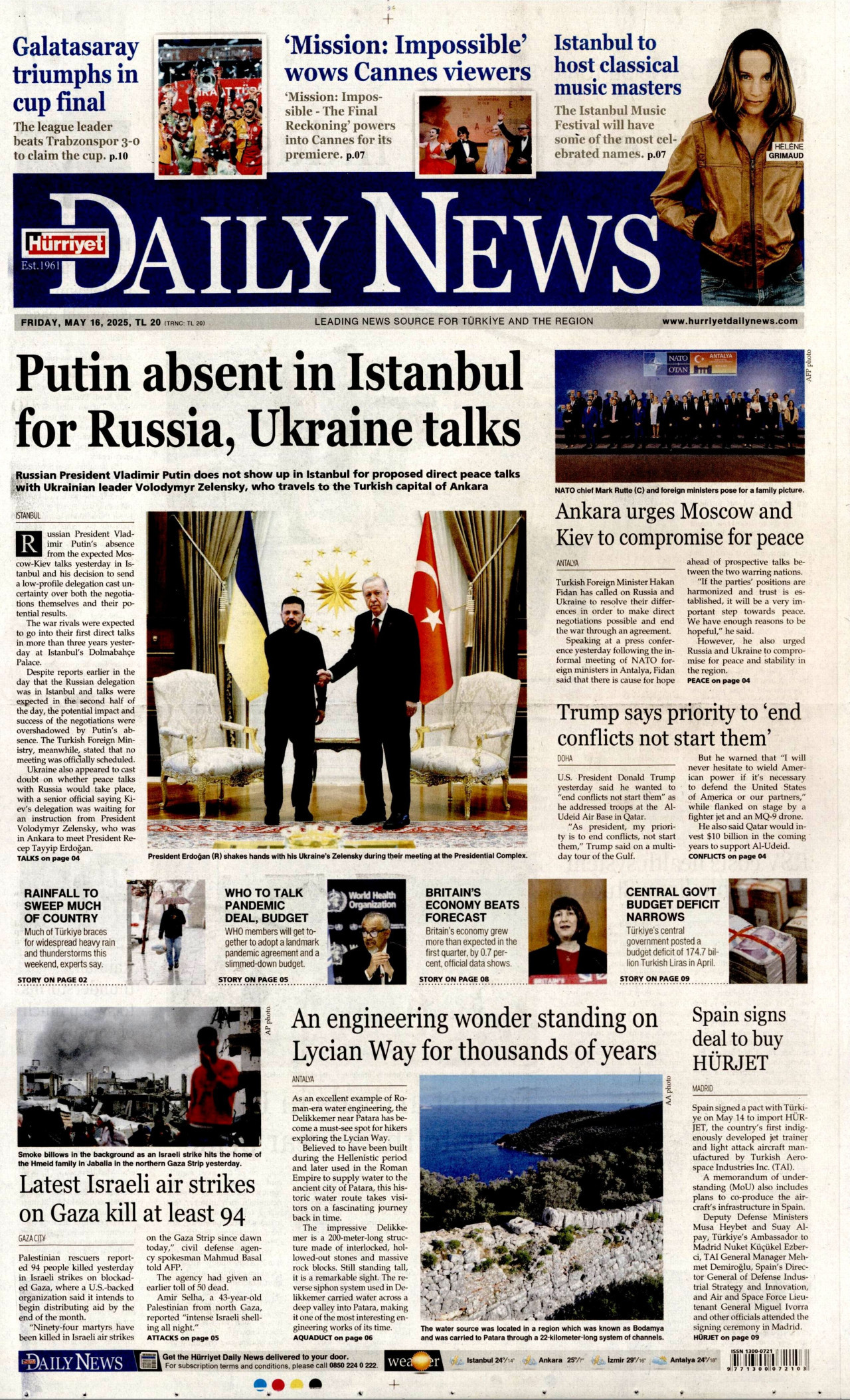 HÜRRİYET DAİLY NEWS gazetesinin 16 Mayıs 2025 tarihli birinci sayfası