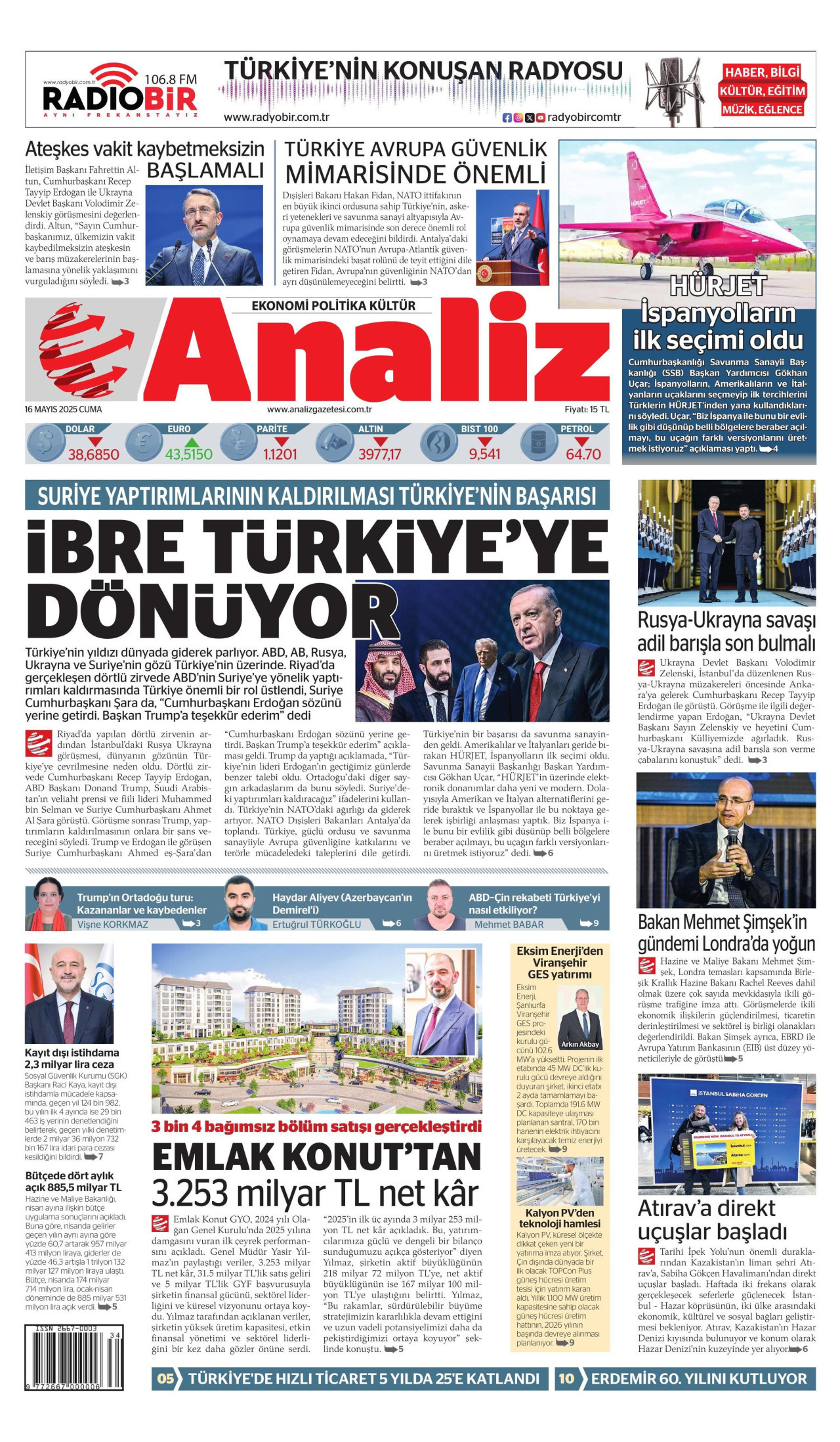 ANALİZ gazetesinin 16 Mayıs 2025 tarihli birinci sayfası