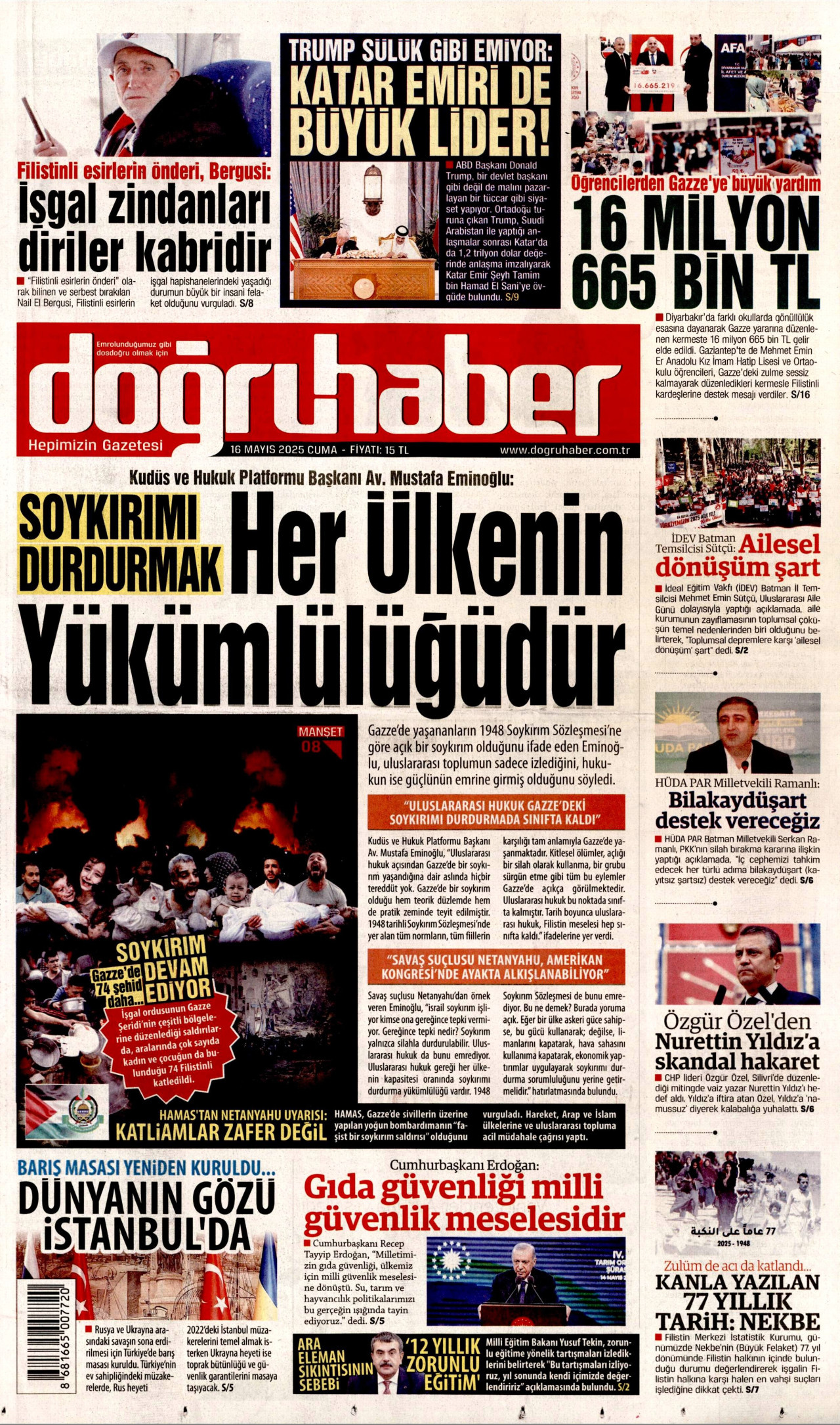 DOĞRU HABER gazetesinin 16 Mayıs 2025 tarihli birinci sayfası