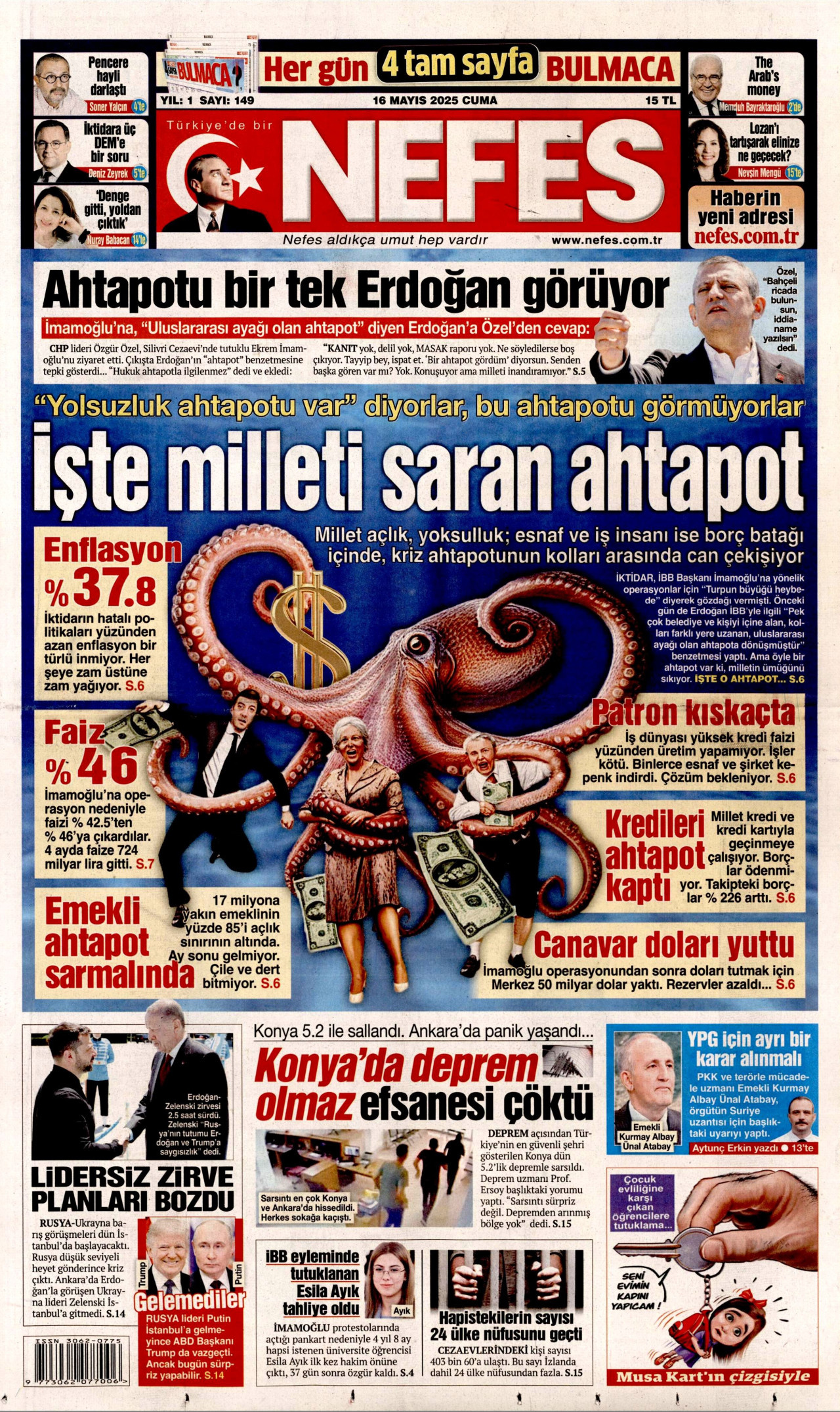 NEFES gazetesinin 16 Mayıs 2025 tarihli birinci sayfası