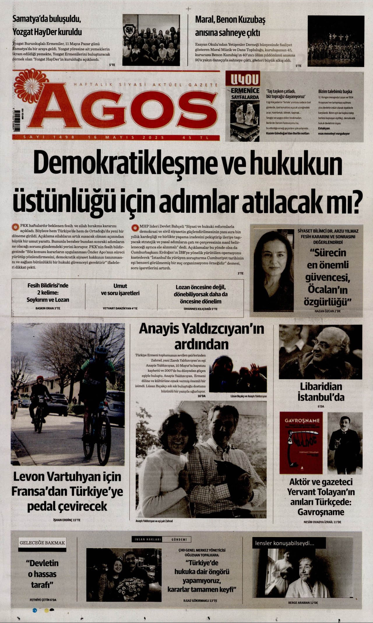 AGOS gazetesinin 16 Mayıs 2025 tarihli birinci sayfası
