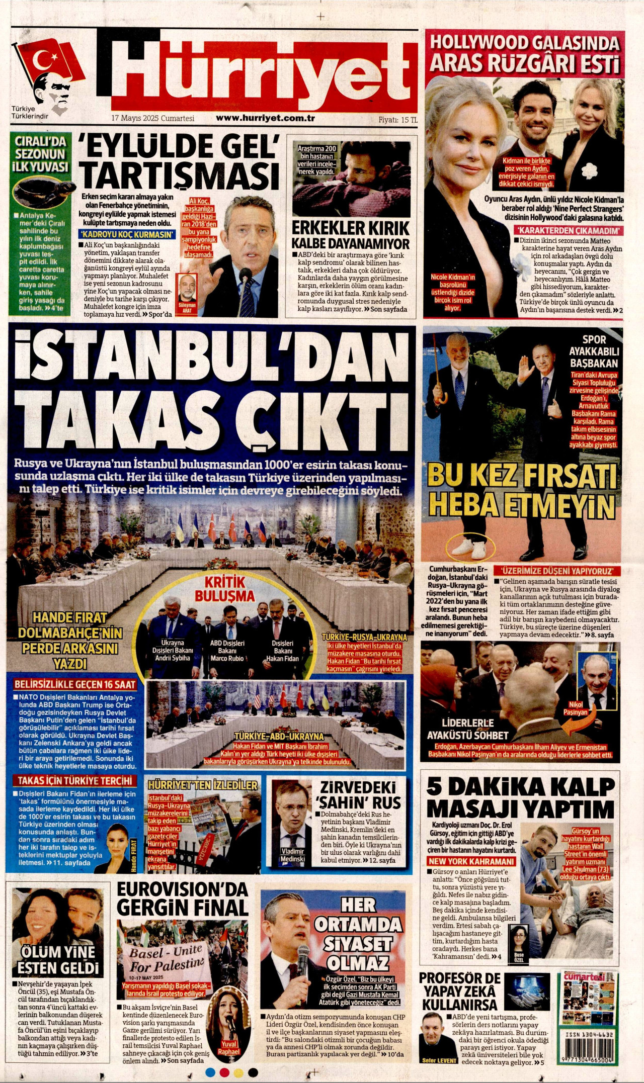 HÜRRİYET gazetesinin 17 Mayıs 2025 tarihli birinci sayfası
