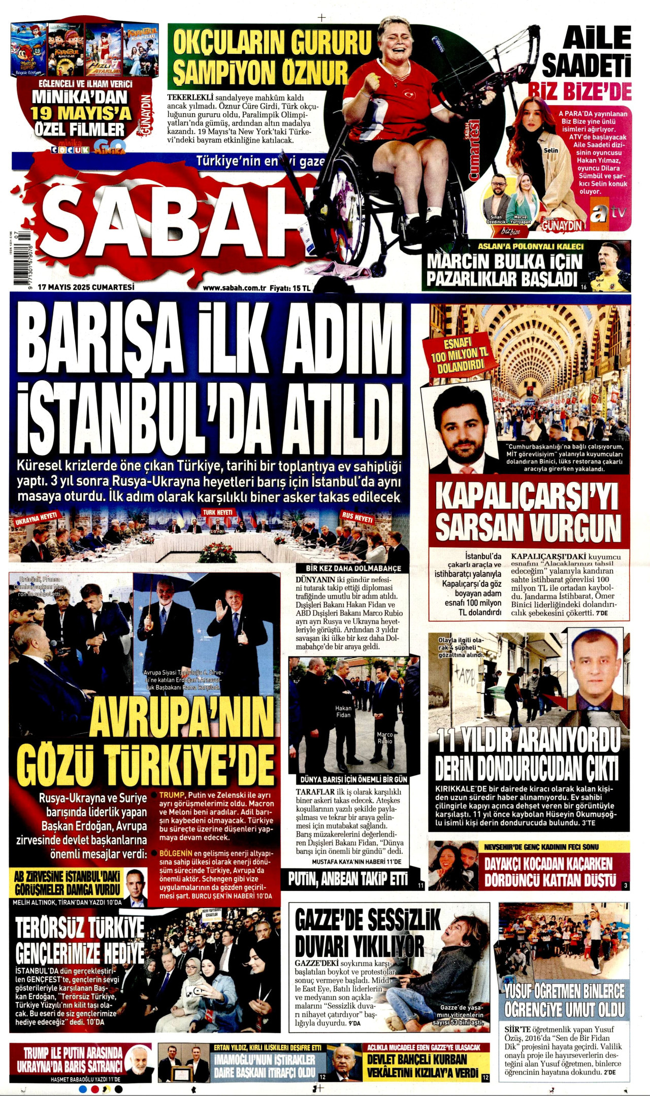 SABAH gazetesinin 17 Mayıs 2025 tarihli birinci sayfası