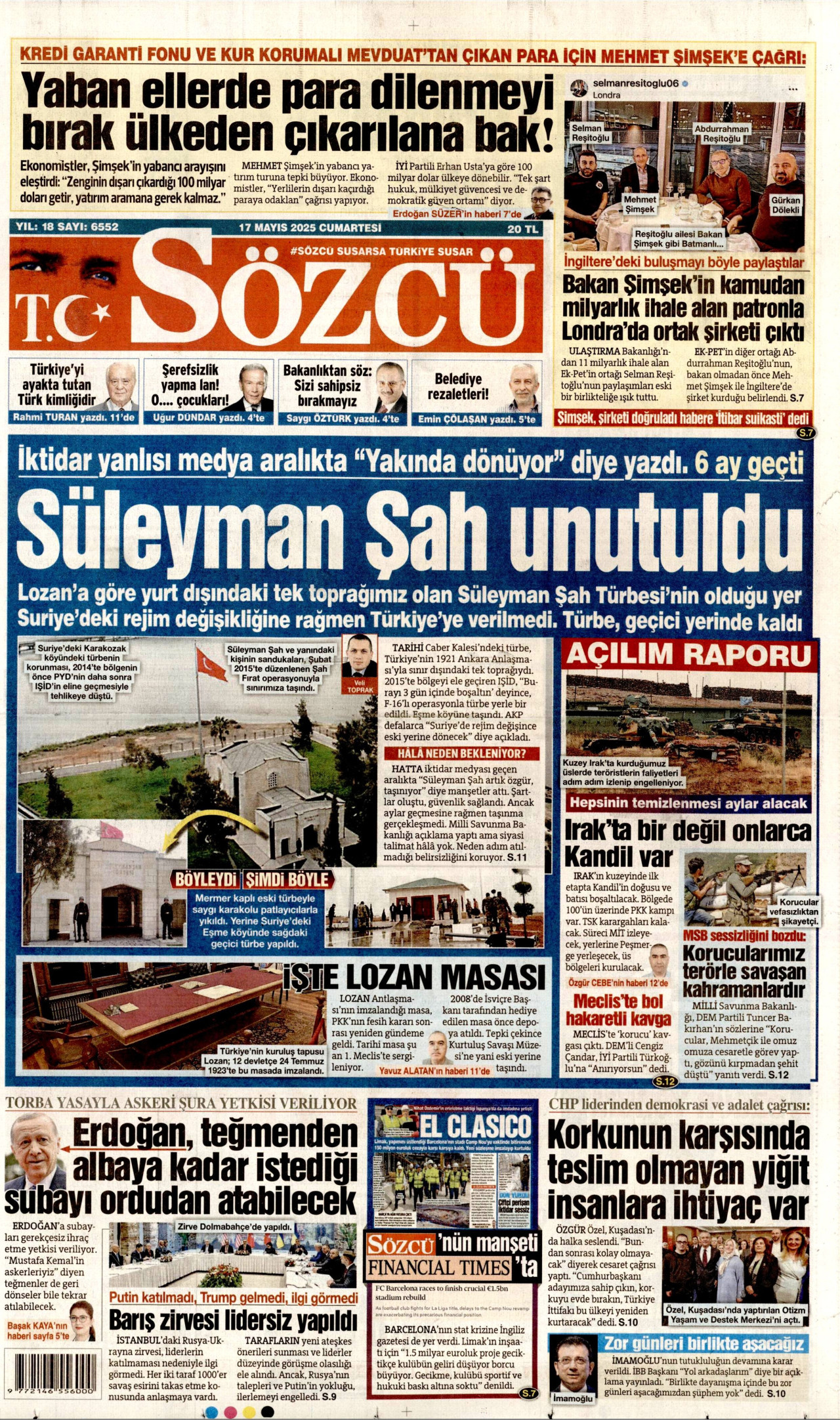 SÖZCÜ gazetesinin 17 Mayıs 2025 tarihli birinci sayfası