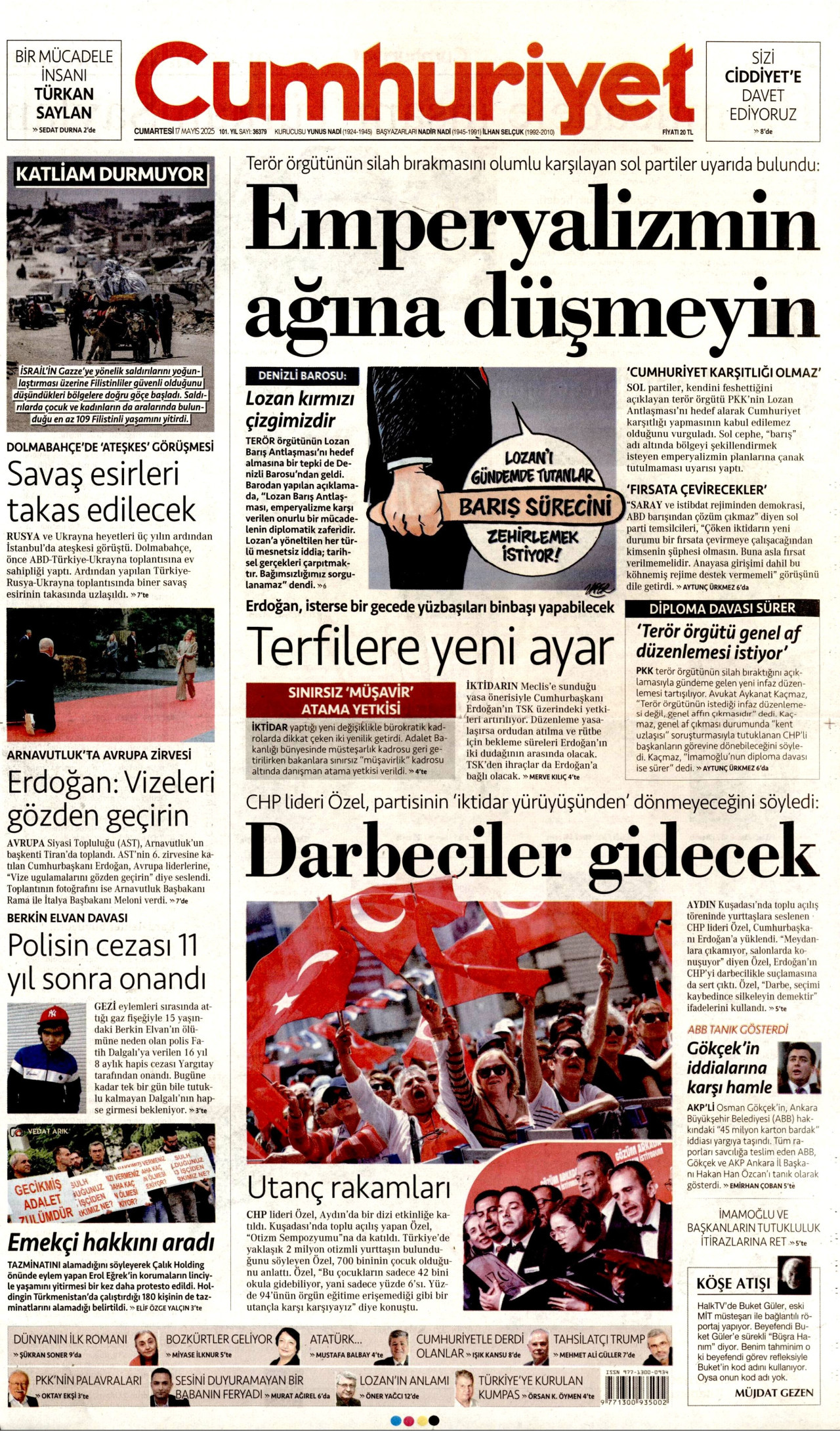 CUMHURİYET gazetesinin 17 Mayıs 2025 tarihli birinci sayfası