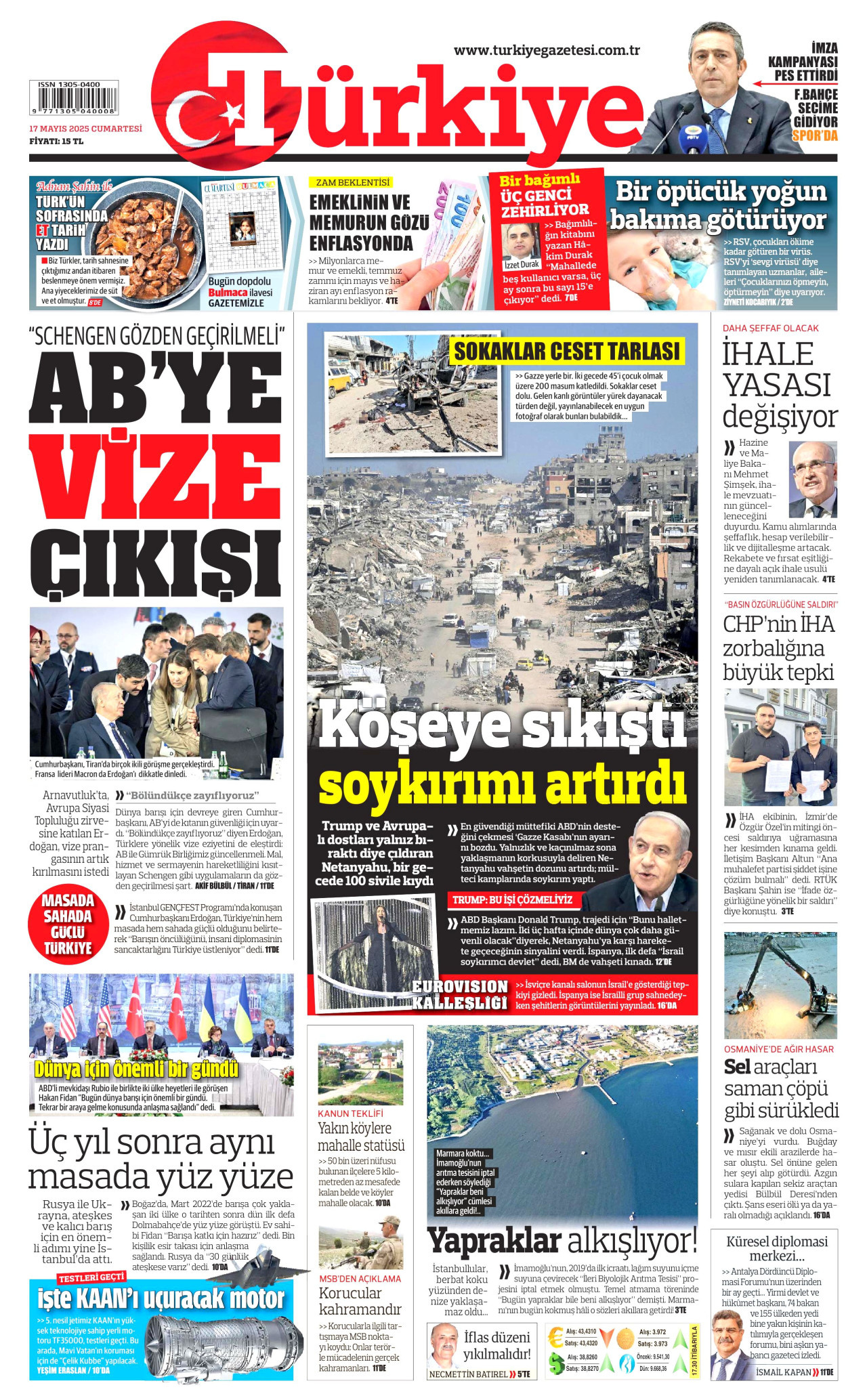 TÜRKİYE GAZETESİ gazetesinin 17 Mayıs 2025 tarihli birinci sayfası