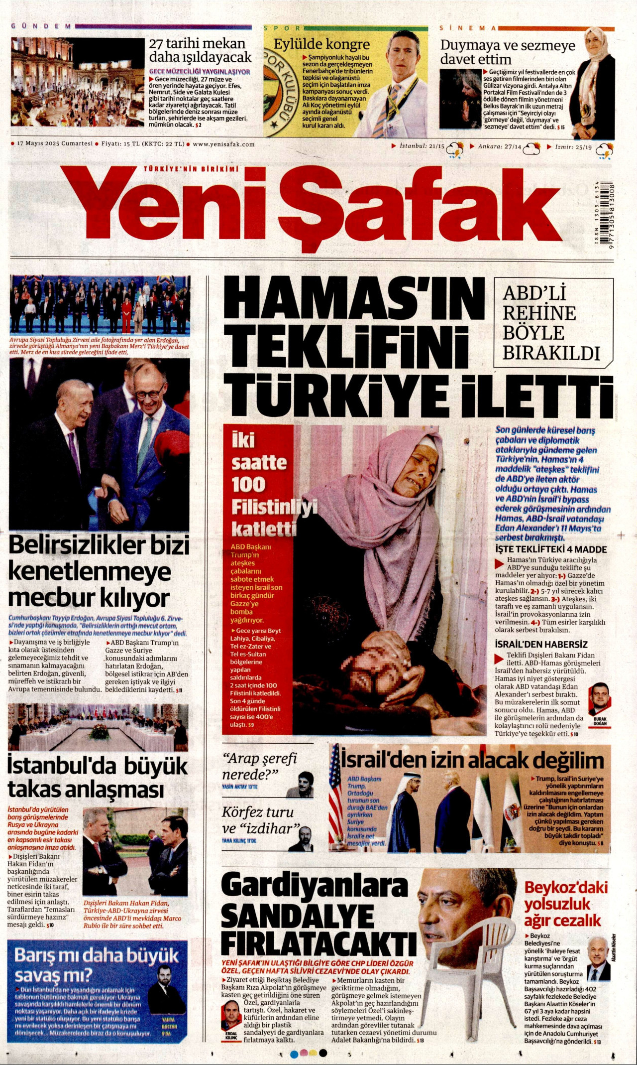 YENİ ŞAFAK gazetesinin 17 Mayıs 2025 tarihli birinci sayfası