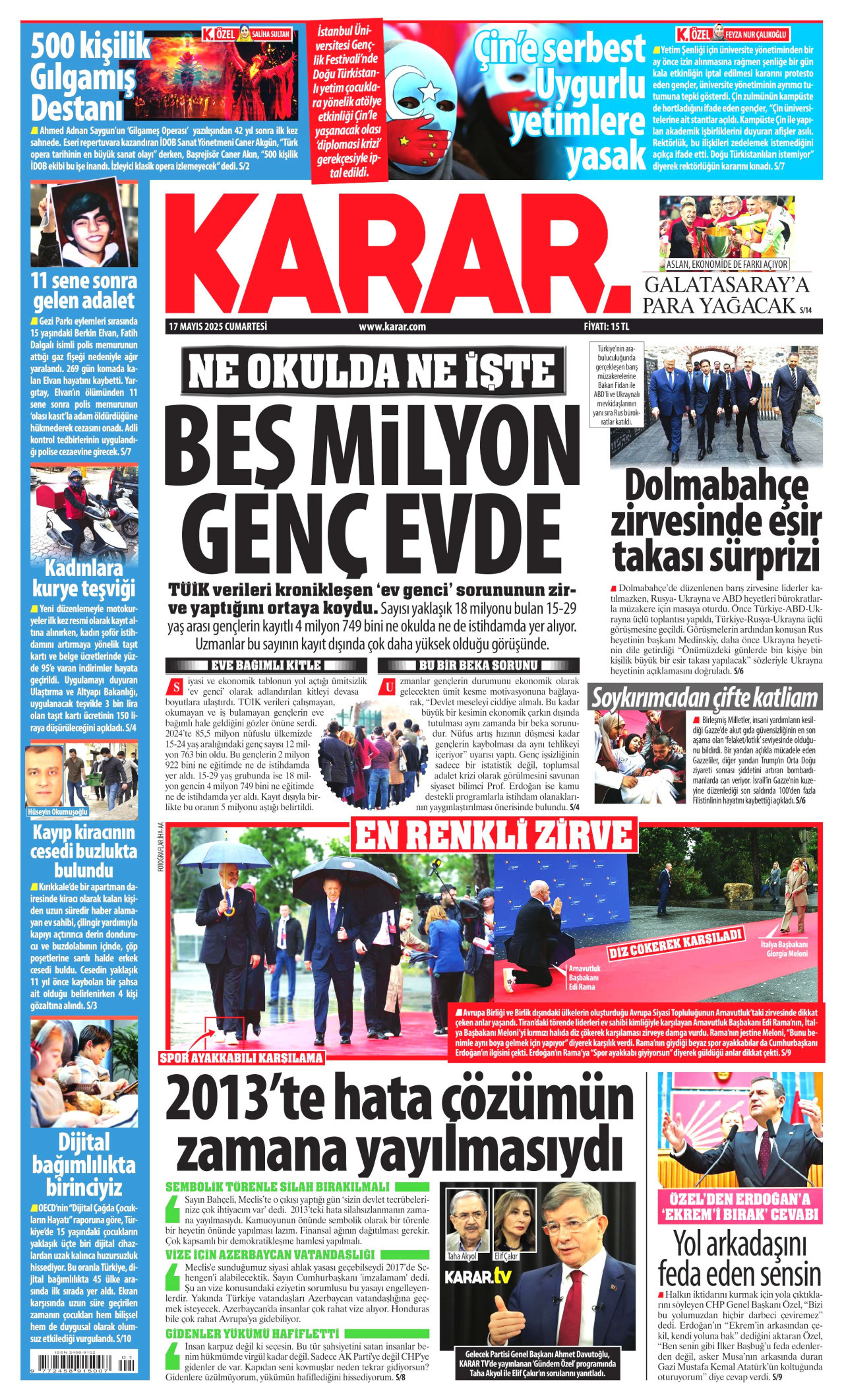 KARAR gazetesinin 17 Mayıs 2025 tarihli birinci sayfası