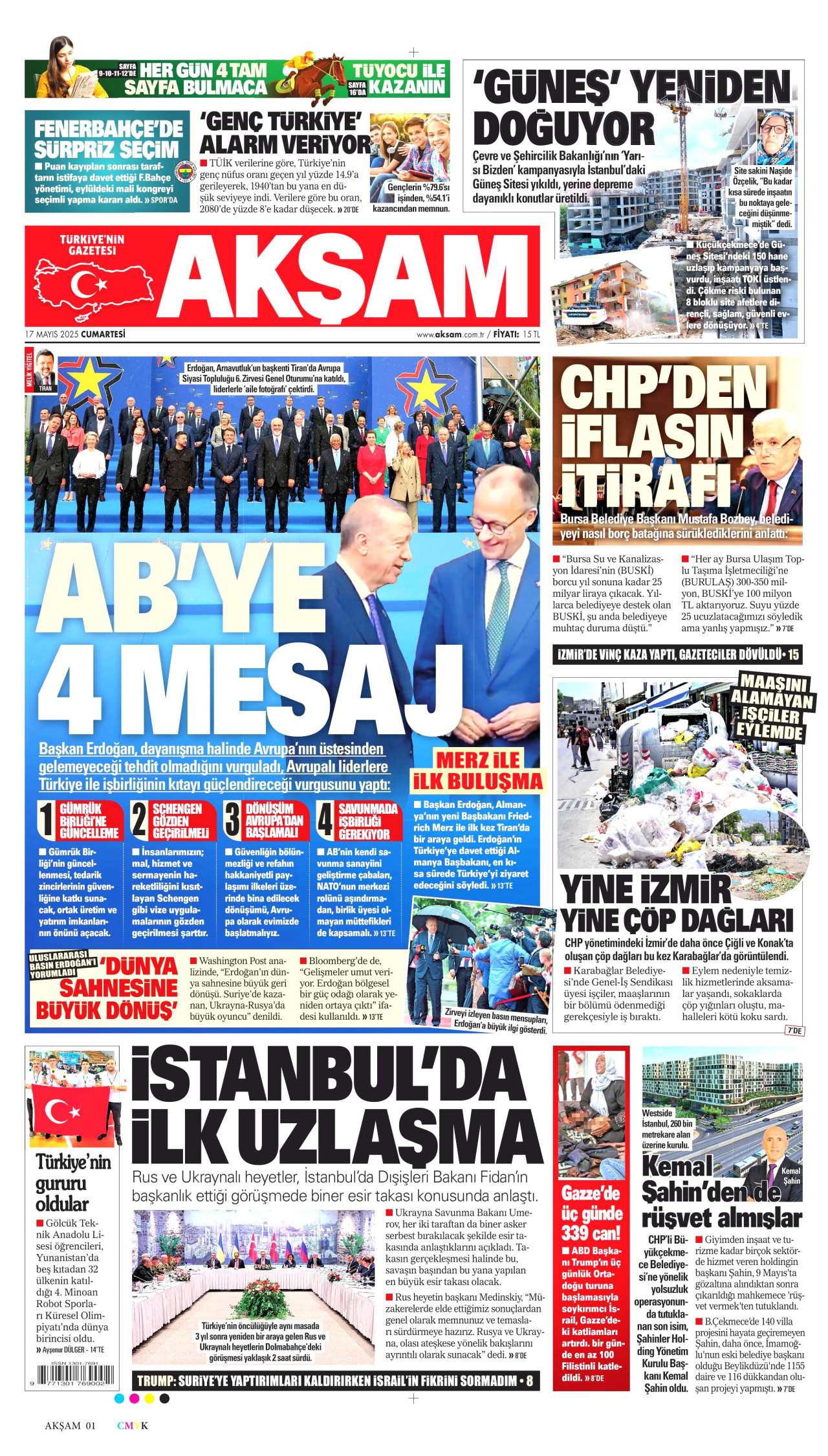 AKŞAM gazetesinin 17 Mayıs 2025 tarihli birinci sayfası