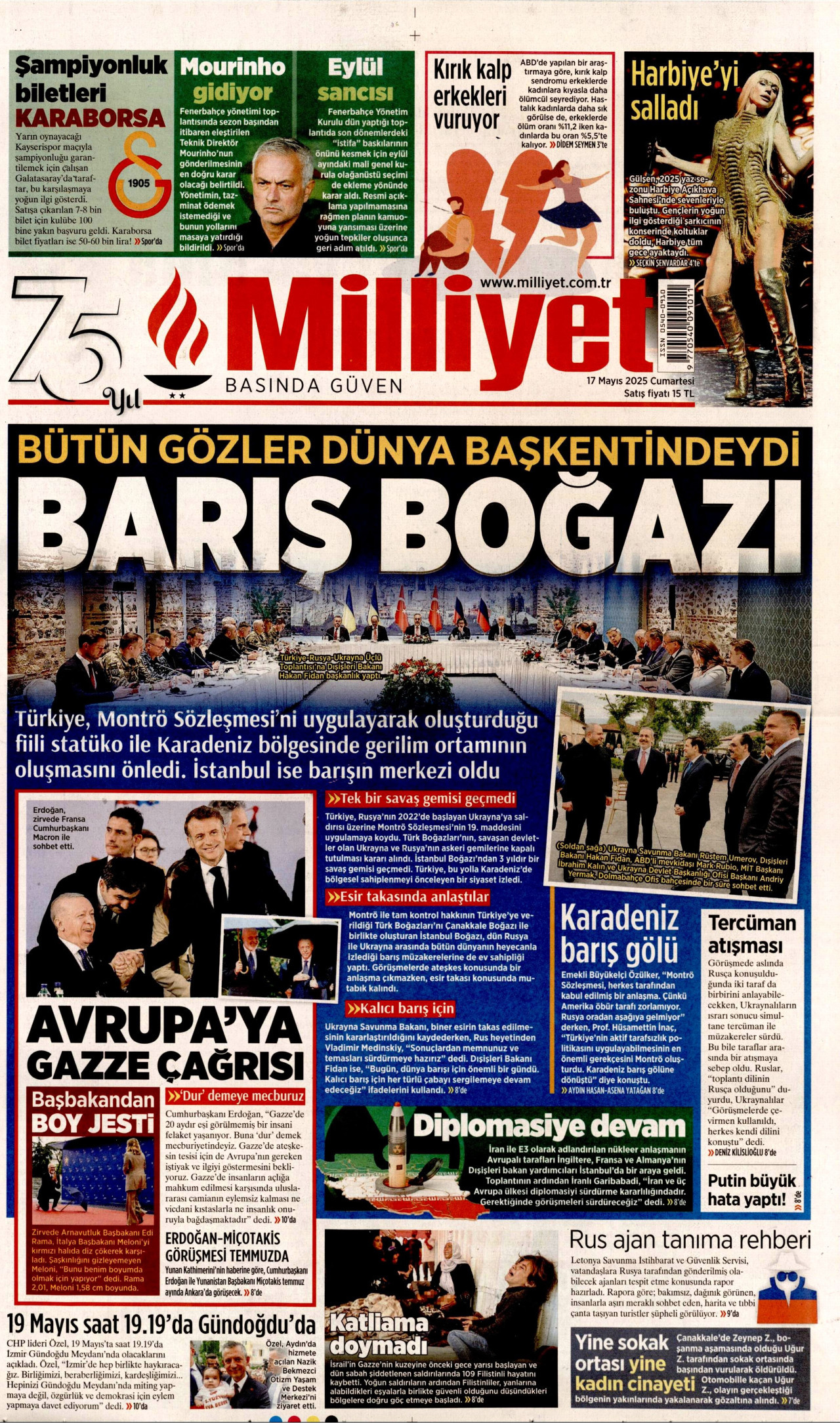 MİLLİYET gazetesinin 17 Mayıs 2025 tarihli birinci sayfası