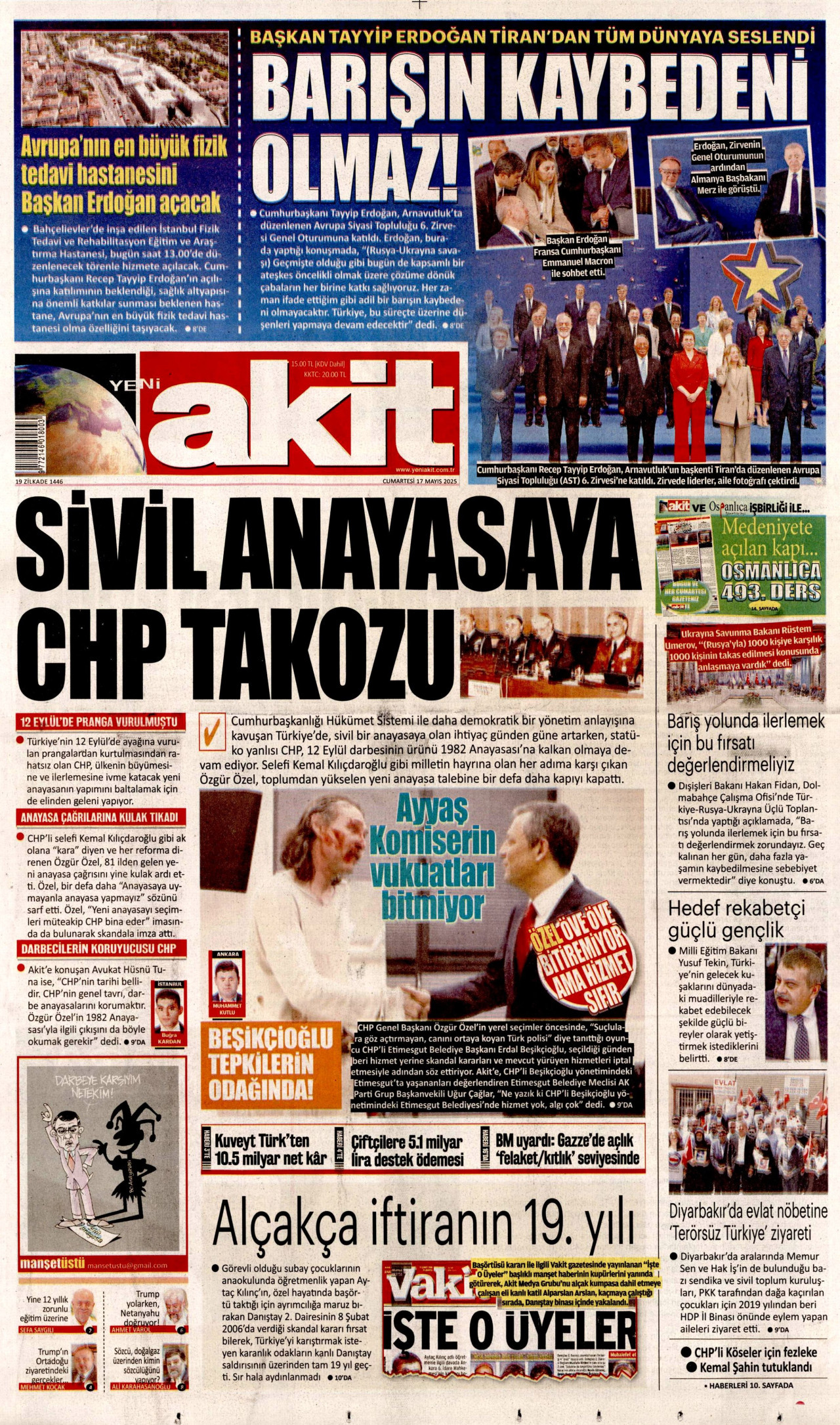 YENİ AKİT gazetesinin 17 Mayıs 2025 tarihli birinci sayfası