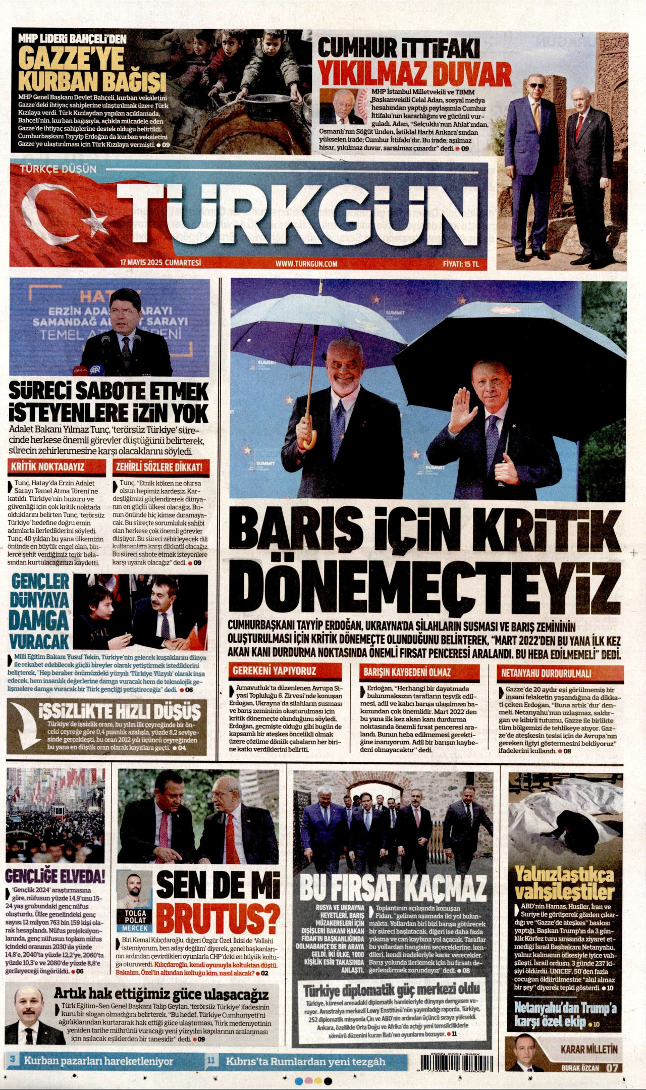 TÜRKGÜN gazetesinin 17 Mayıs 2025 tarihli birinci sayfası