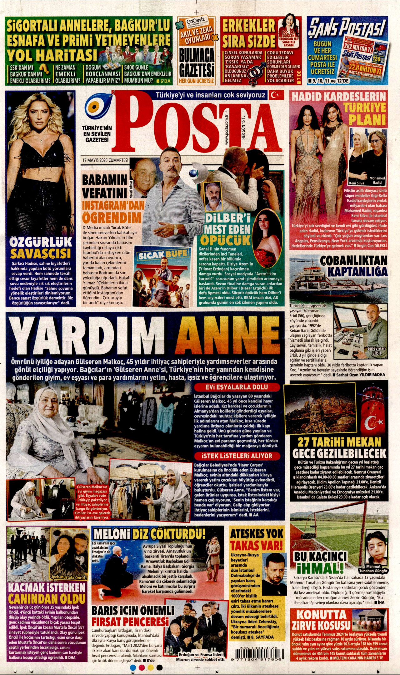 POSTA gazetesinin 17 Mayıs 2025 tarihli birinci sayfası