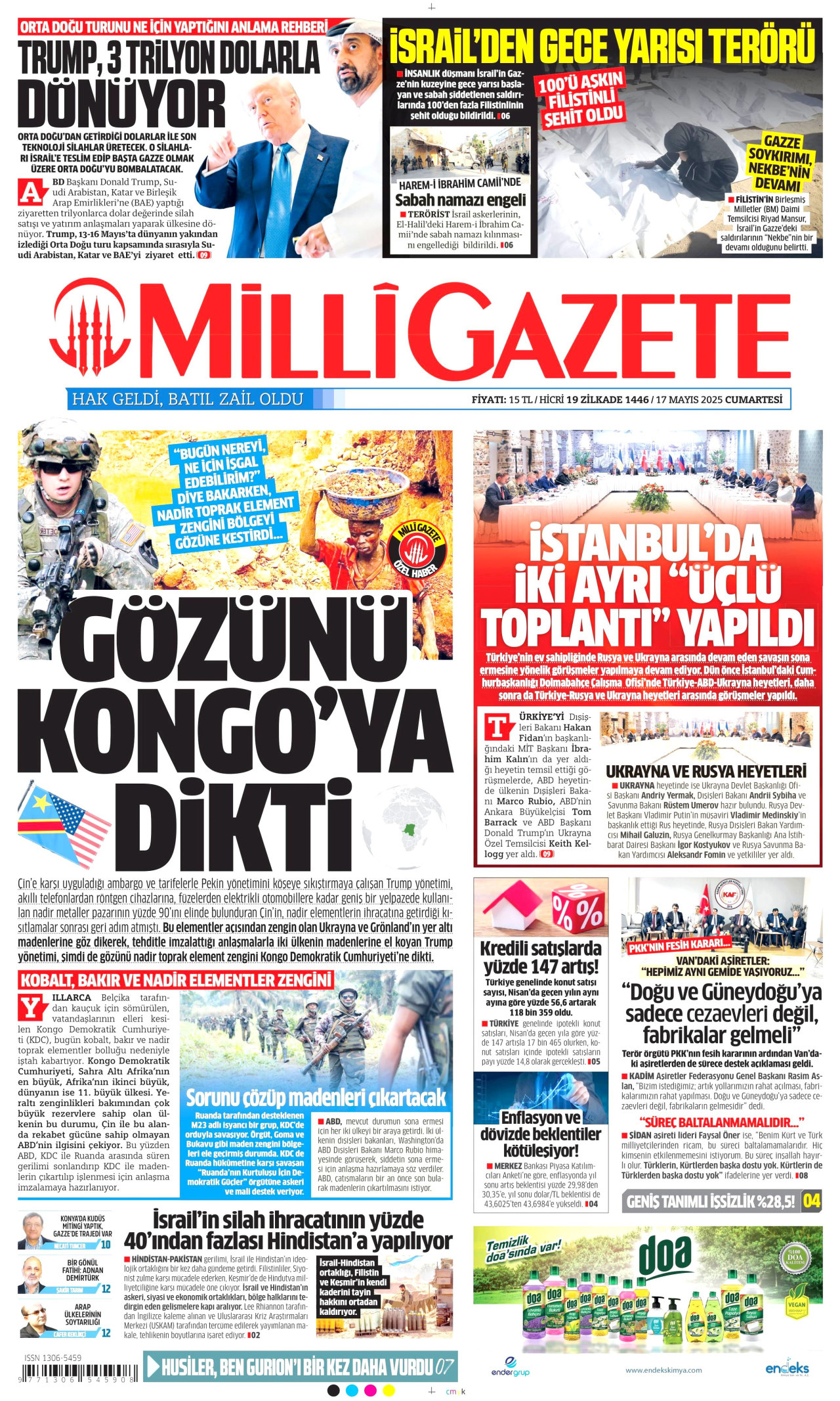 MİLLİ GAZETE gazetesinin 17 Mayıs 2025 tarihli birinci sayfası