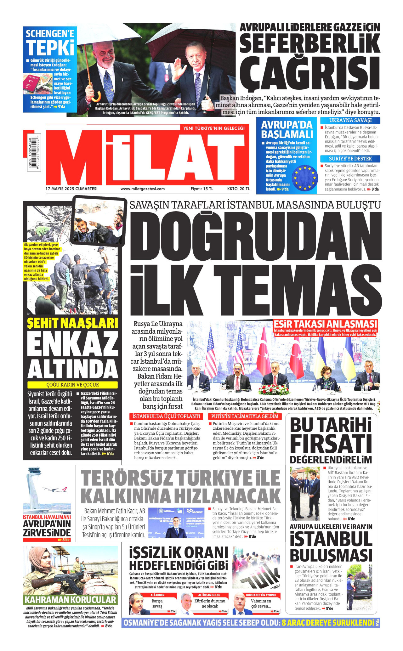 MİLAT gazetesinin 17 Mayıs 2025 tarihli birinci sayfası