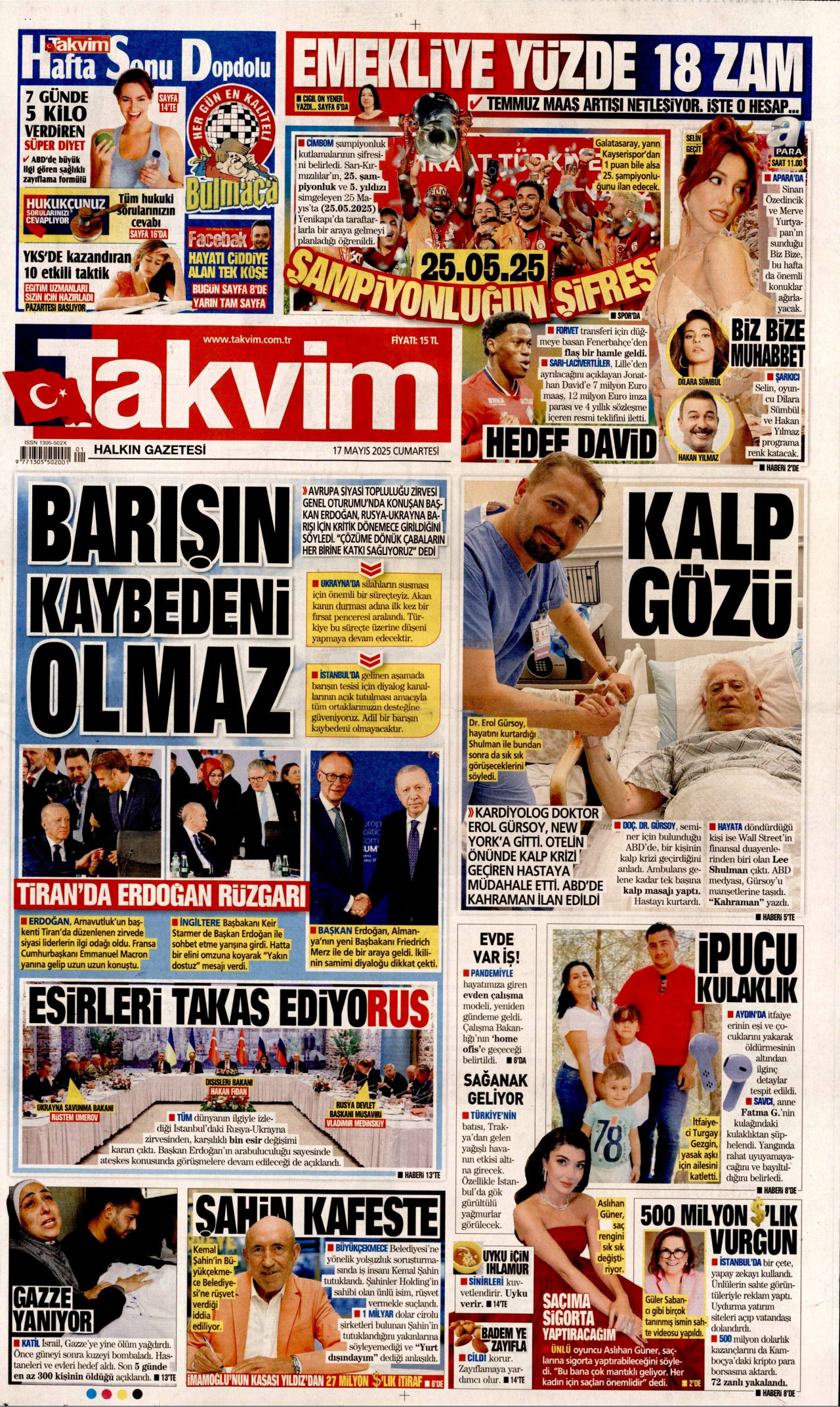 TAKVİM gazetesinin 17 Mayıs 2025 tarihli birinci sayfası