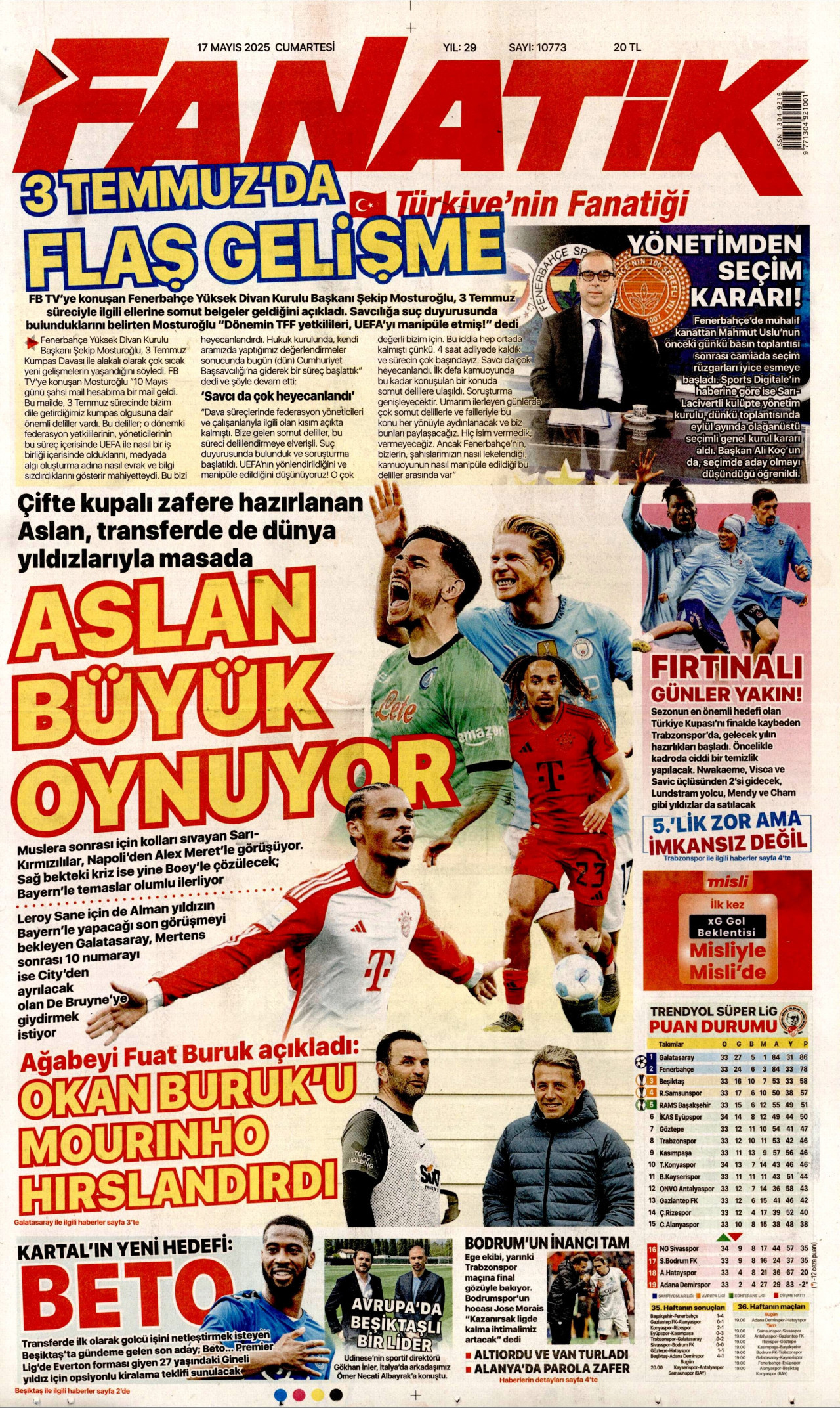 FANATİK gazetesinin 17 Mayıs 2025 tarihli birinci sayfası
