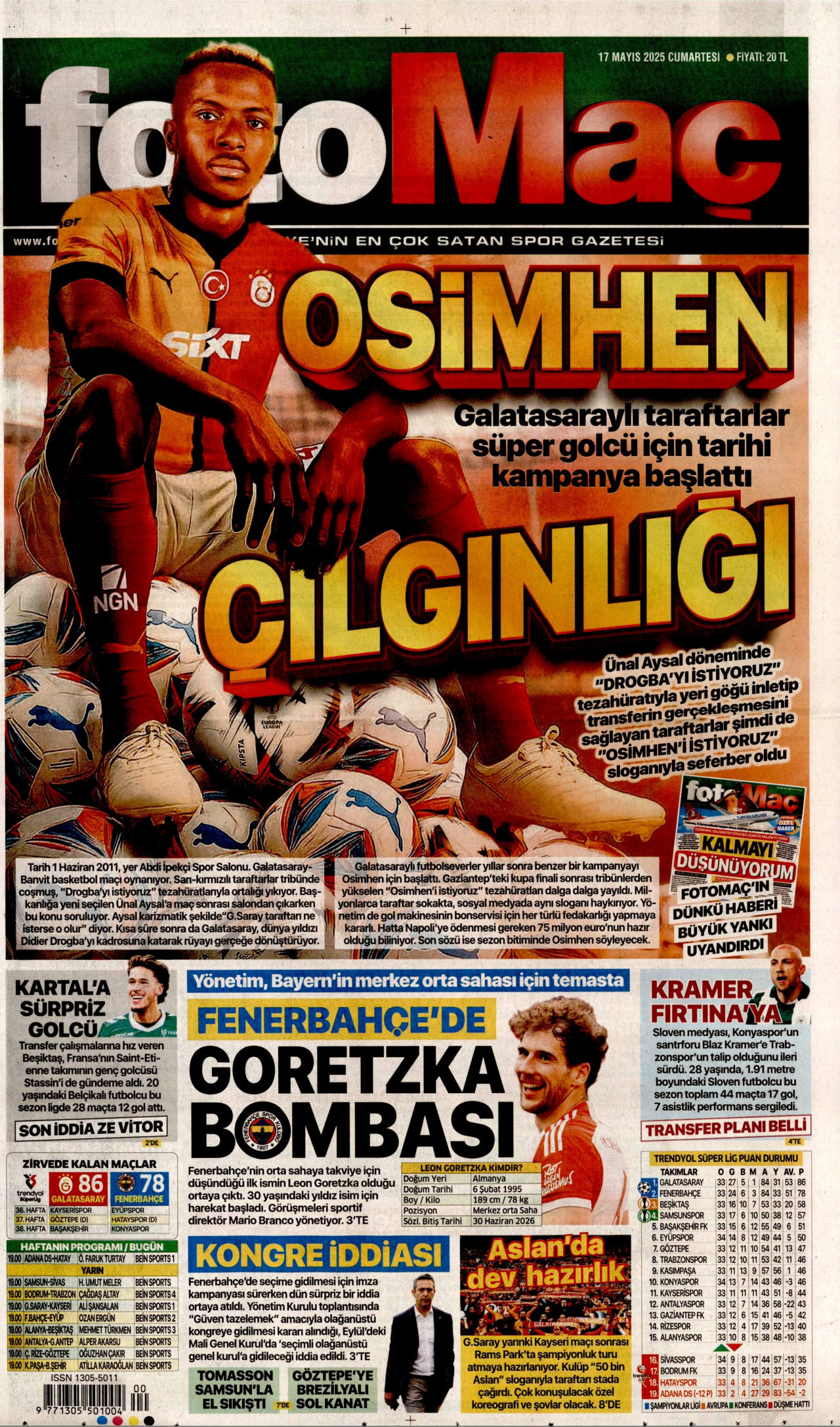 FOTOMAÇ gazetesinin 17 Mayıs 2025 tarihli birinci sayfası