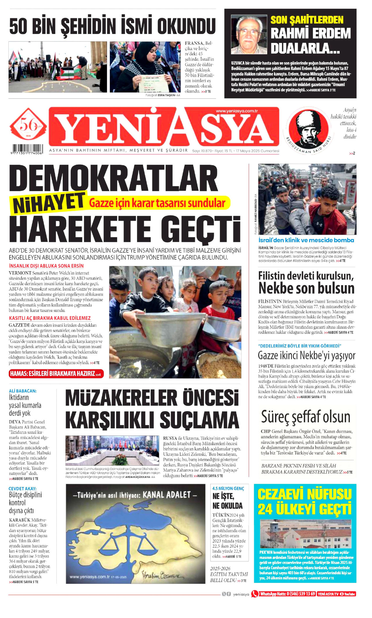 YENİ ASYA gazetesinin 17 Mayıs 2025 tarihli birinci sayfası