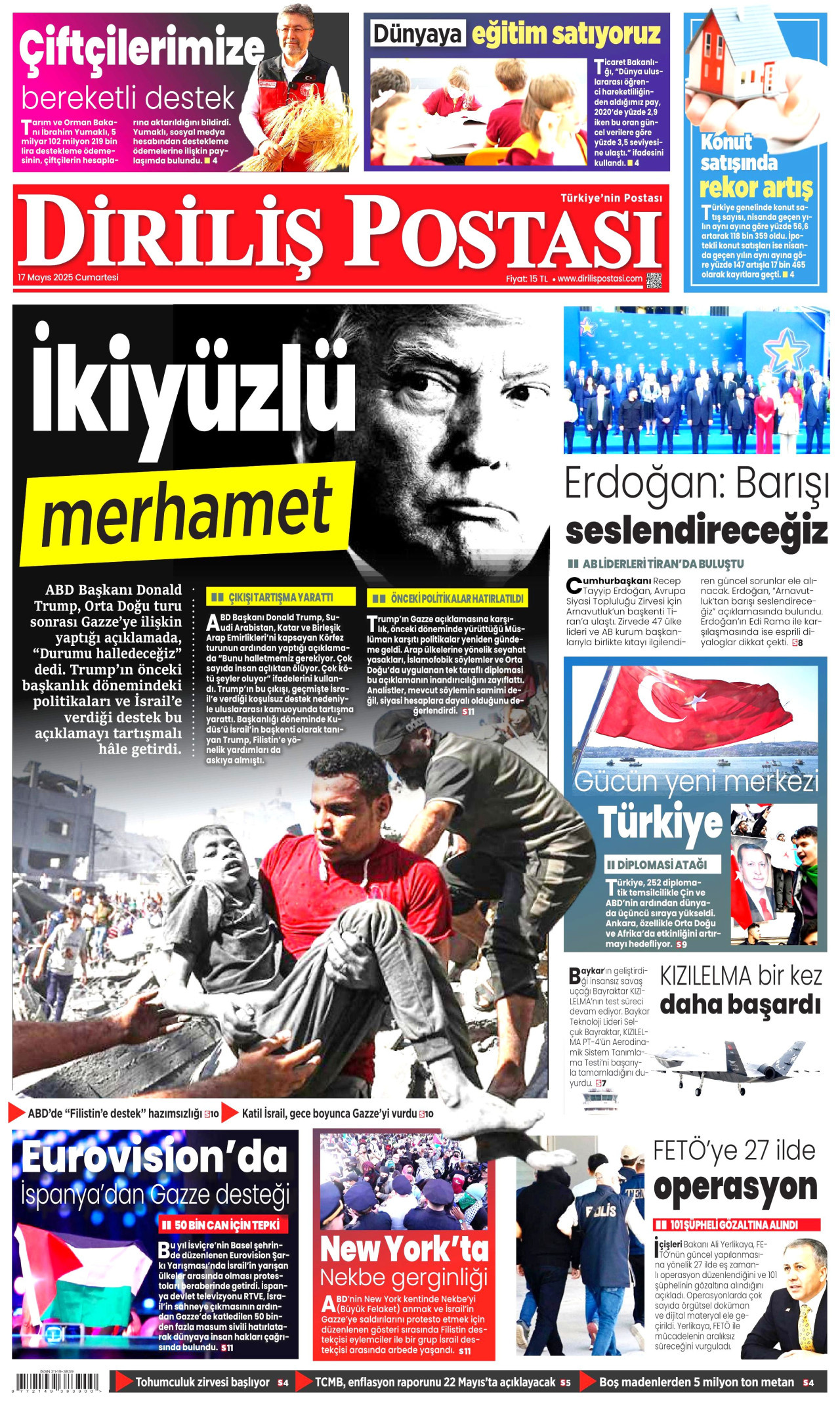 DİRİLİŞ POSTASI gazetesinin 17 Mayıs 2025 tarihli birinci sayfası