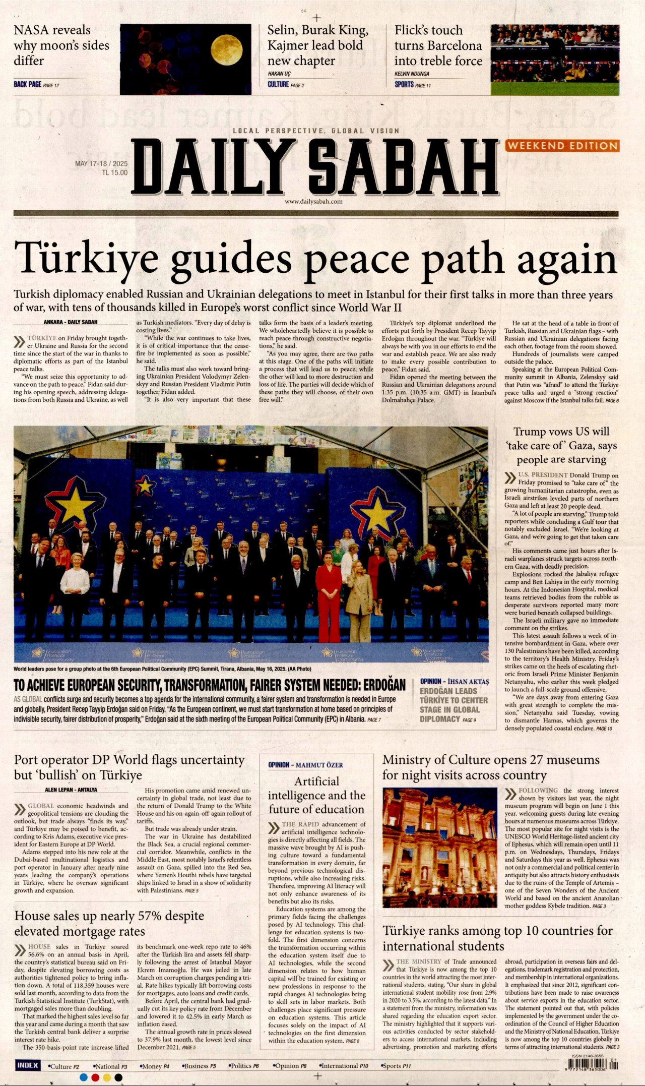 DAİLY SABAH gazetesinin 17 Mayıs 2025 tarihli birinci sayfası