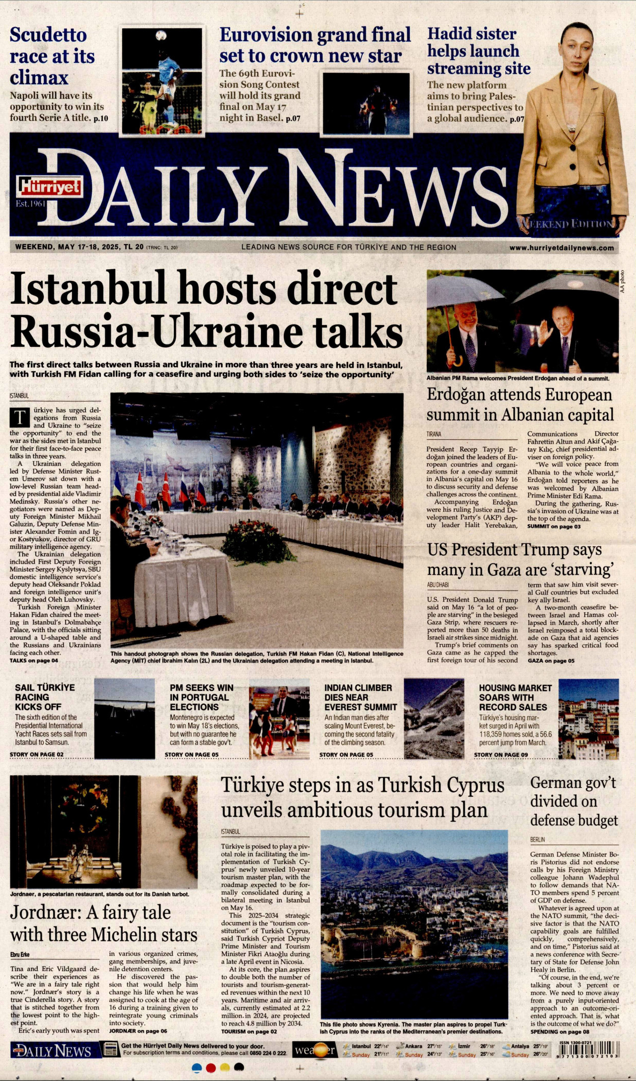 HÜRRİYET DAİLY NEWS gazetesinin 17 Mayıs 2025 tarihli birinci sayfası