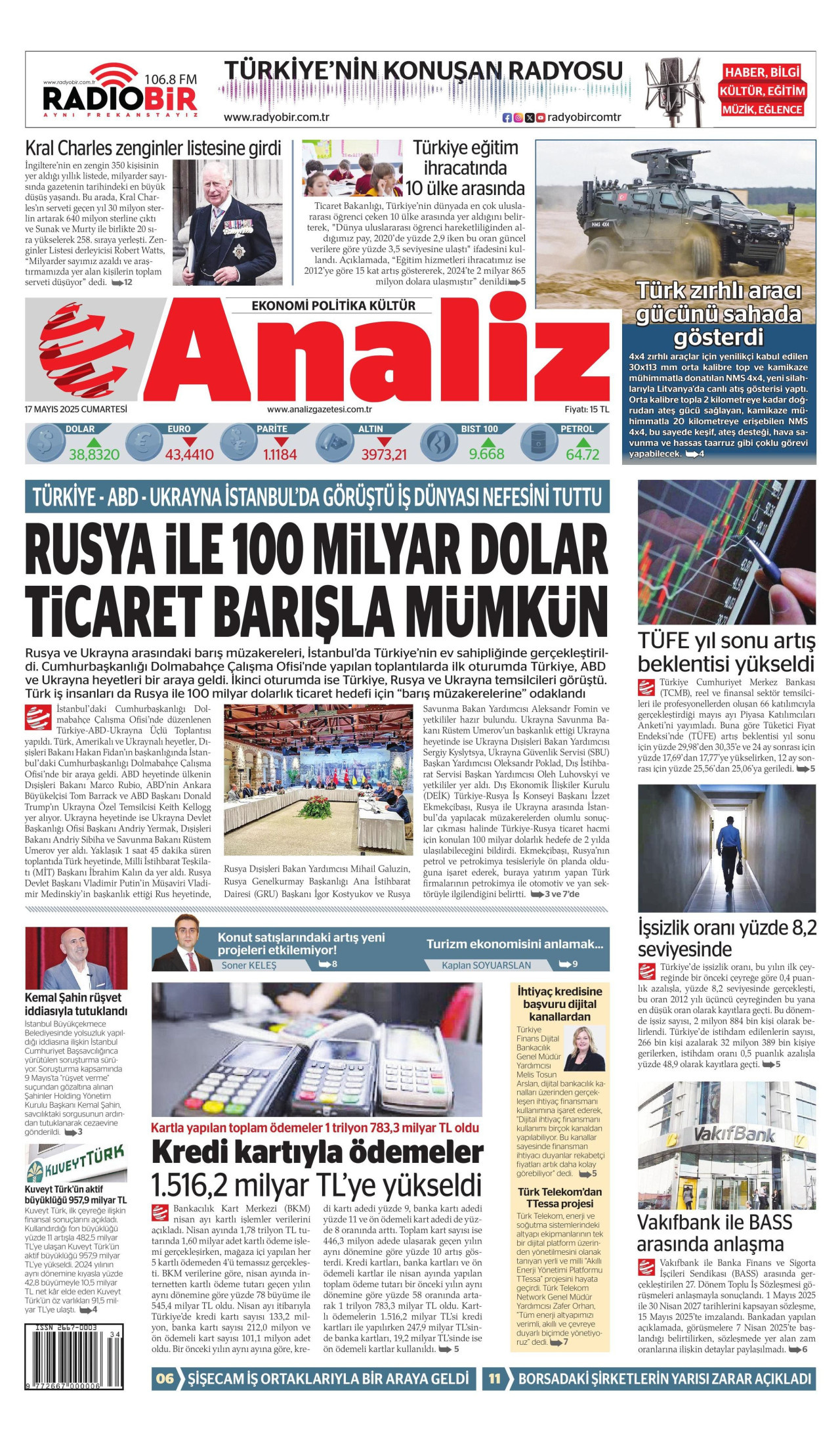 ANALİZ gazetesinin 17 Mayıs 2025 tarihli birinci sayfası