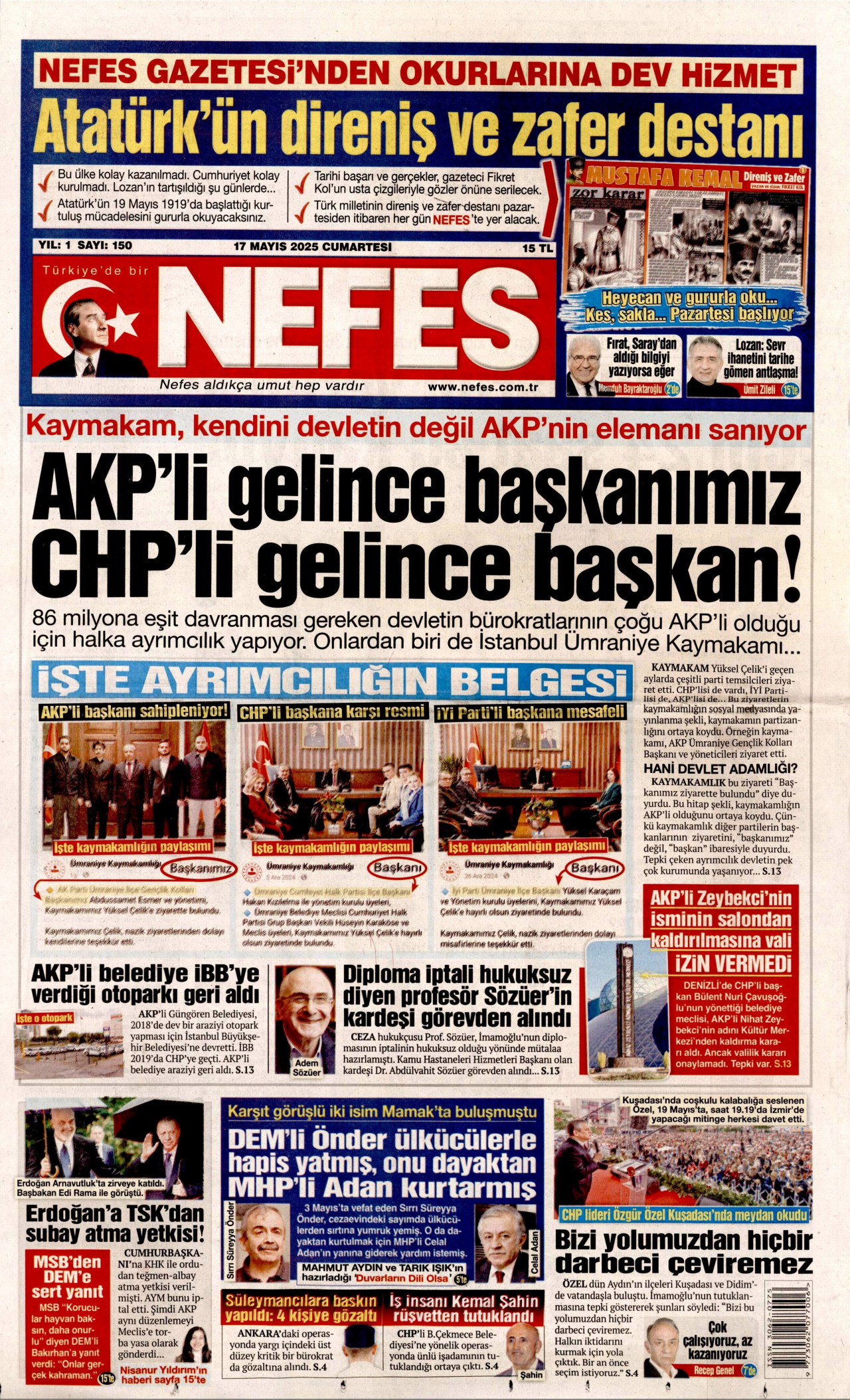 NEFES gazetesinin 17 Mayıs 2025 tarihli birinci sayfası