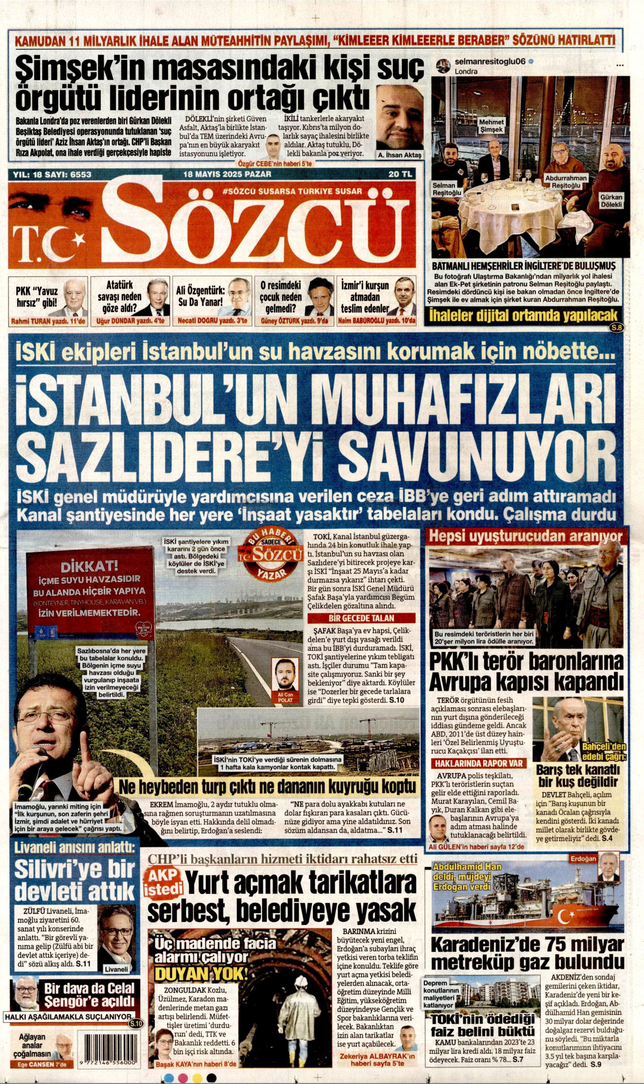 SÖZCÜ gazetesinin 18 Mayıs 2025 tarihli birinci sayfası