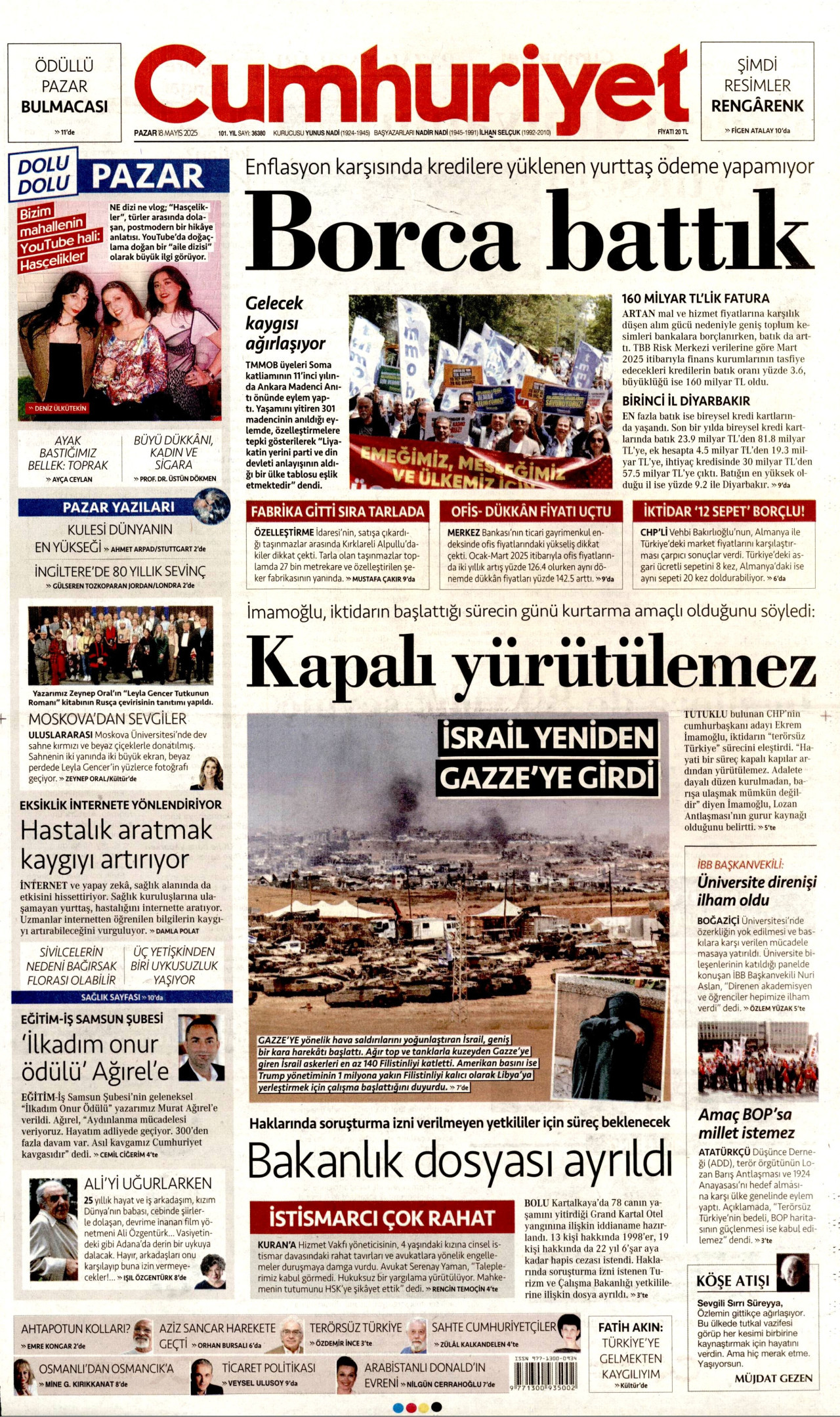CUMHURİYET gazetesinin 18 Mayıs 2025 tarihli birinci sayfası