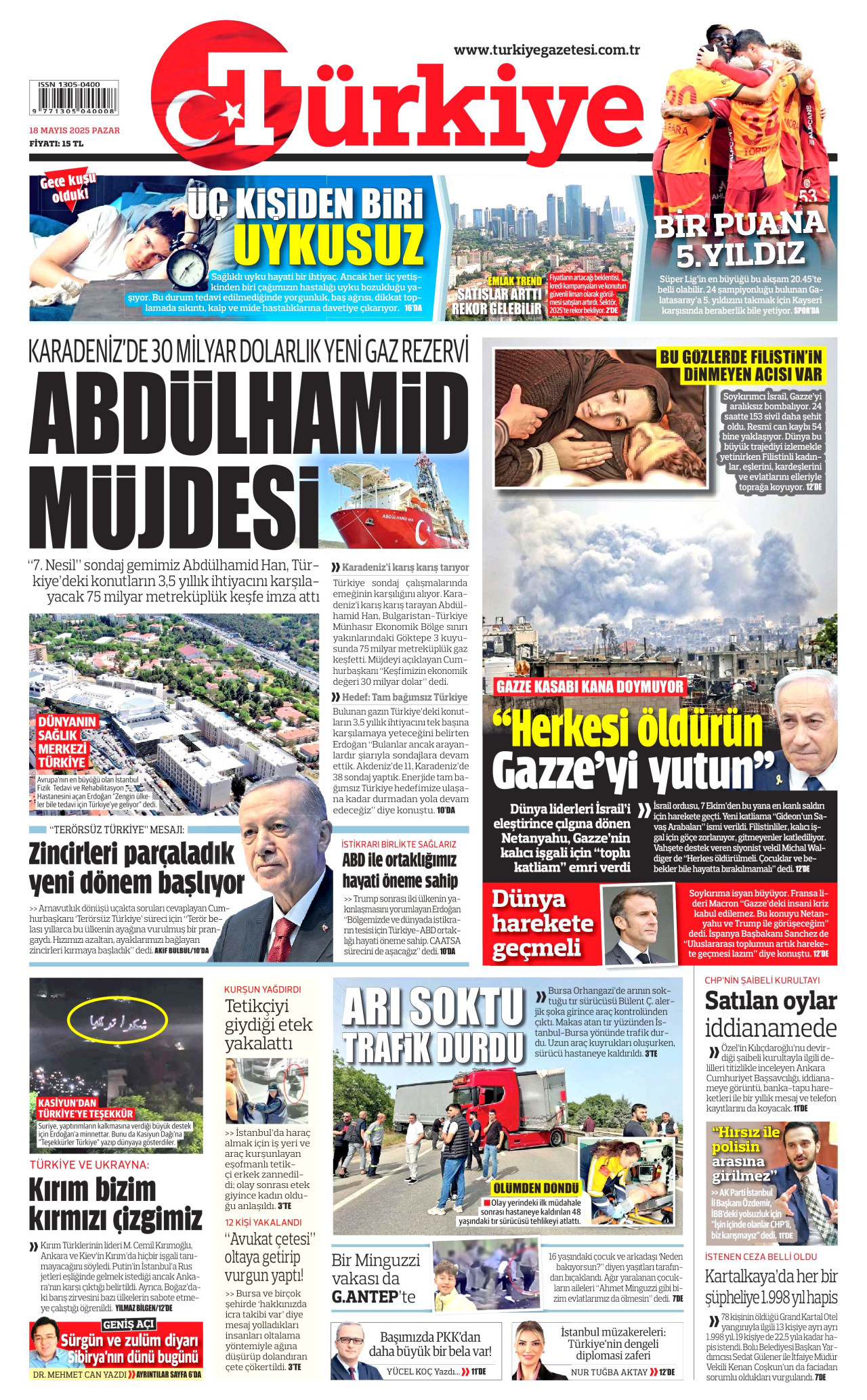 TÜRKİYE GAZETESİ gazetesinin 18 Mayıs 2025 tarihli birinci sayfası