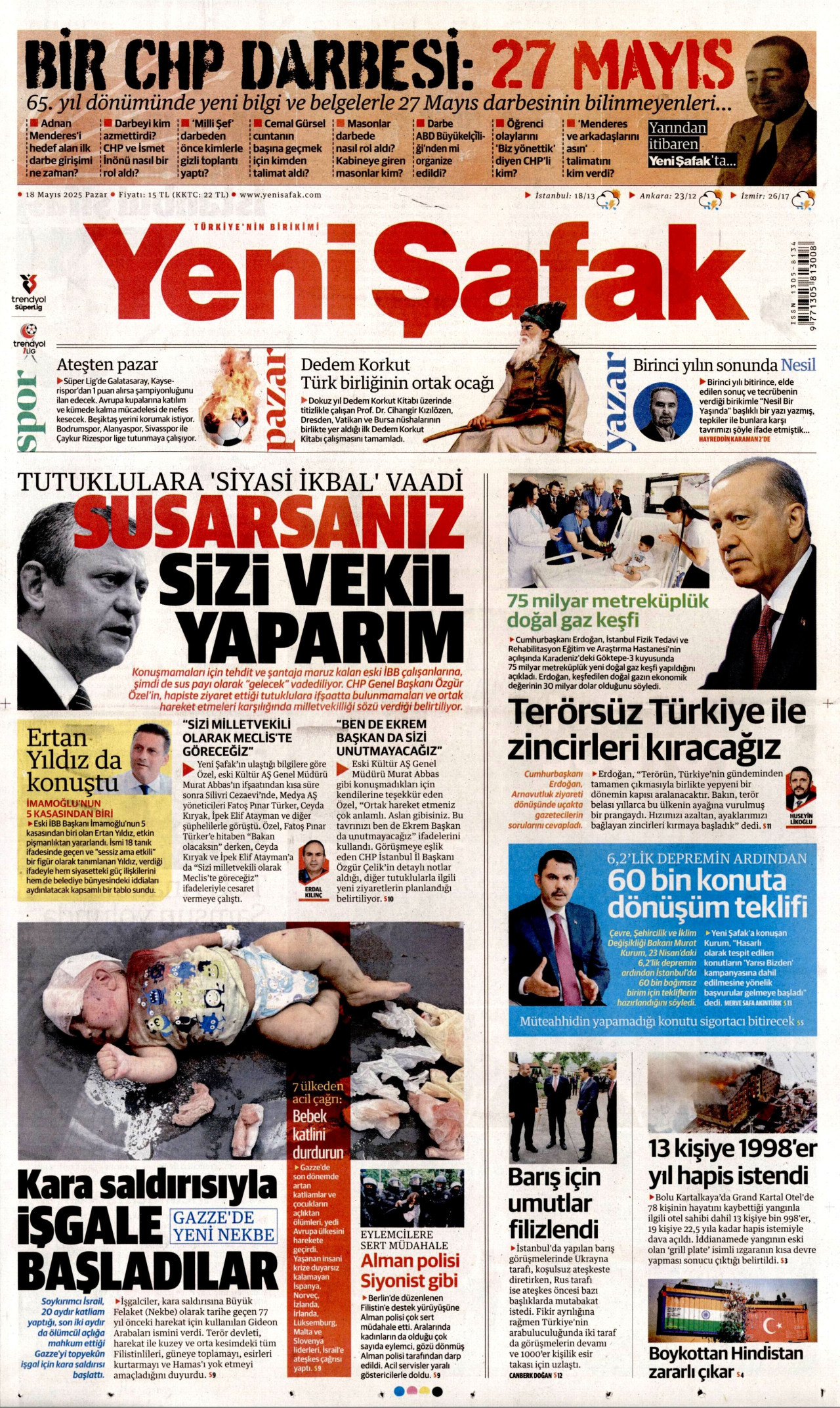 YENİ ŞAFAK gazetesinin 18 Mayıs 2025 tarihli birinci sayfası