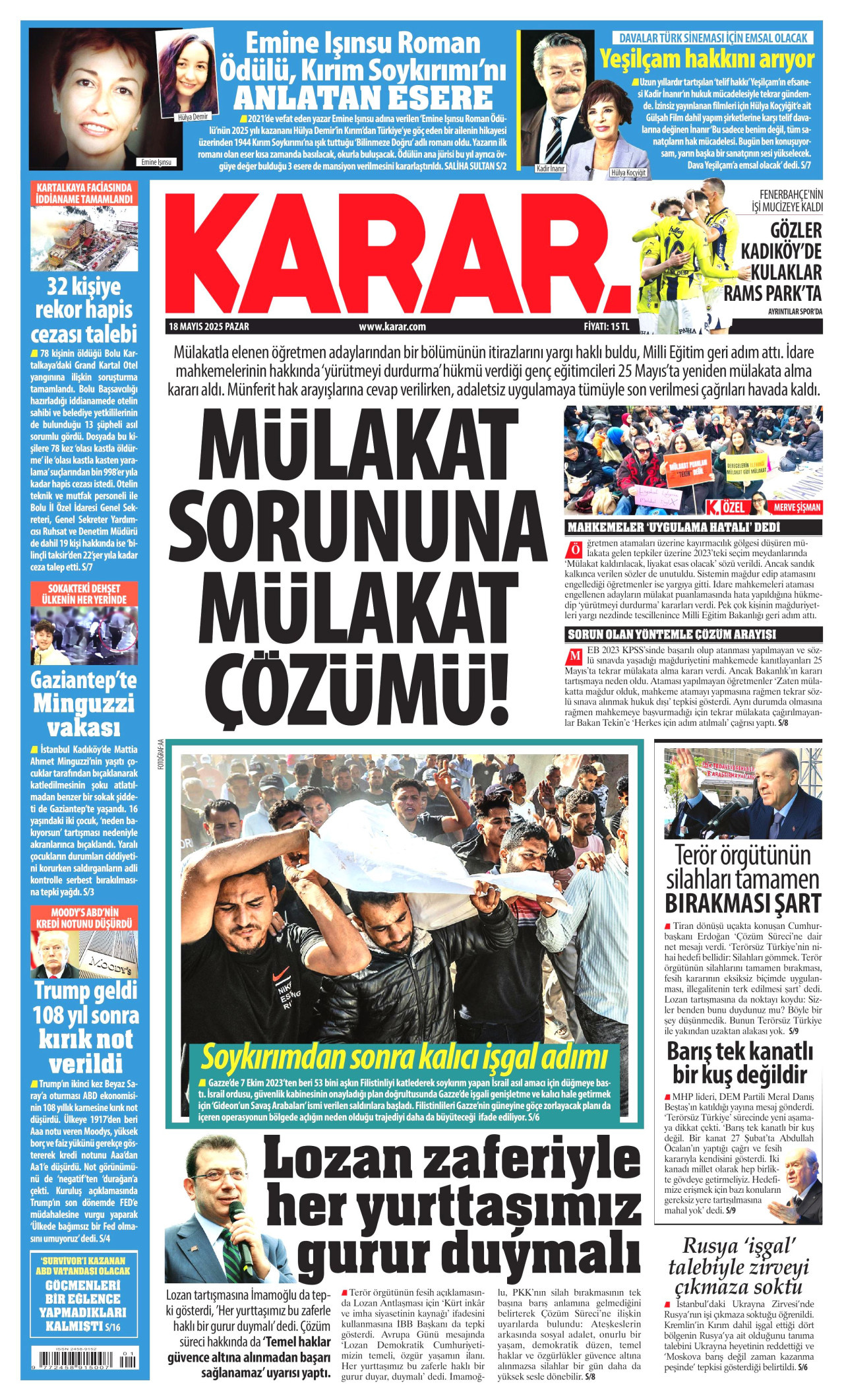 KARAR gazetesinin 18 Mayıs 2025 tarihli birinci sayfası
