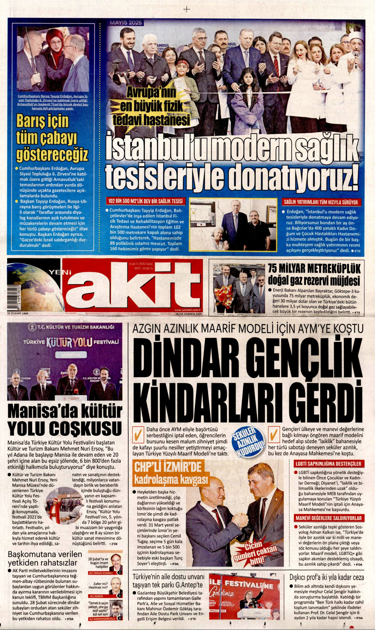 YENİ AKİT gazetesinin 18 Mayıs 2025 tarihli birinci sayfası