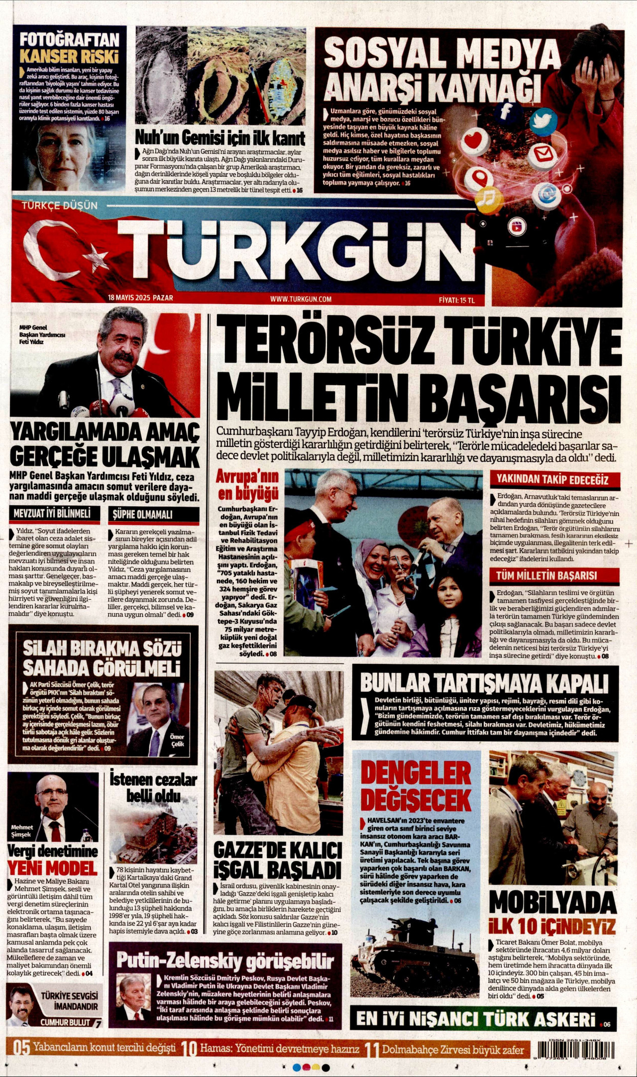 TÜRKGÜN gazetesinin 18 Mayıs 2025 tarihli birinci sayfası