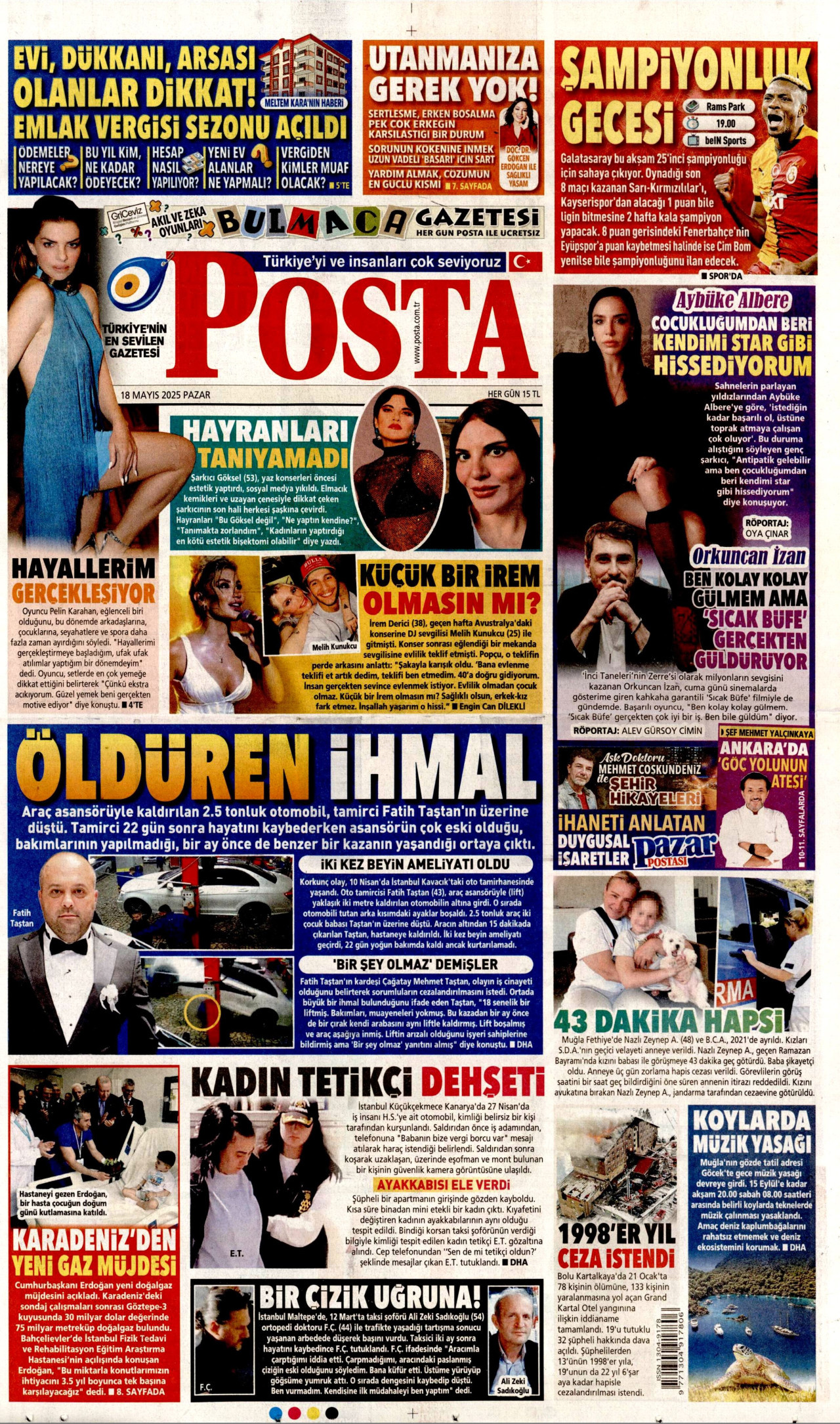 POSTA gazetesinin 18 Mayıs 2025 tarihli birinci sayfası