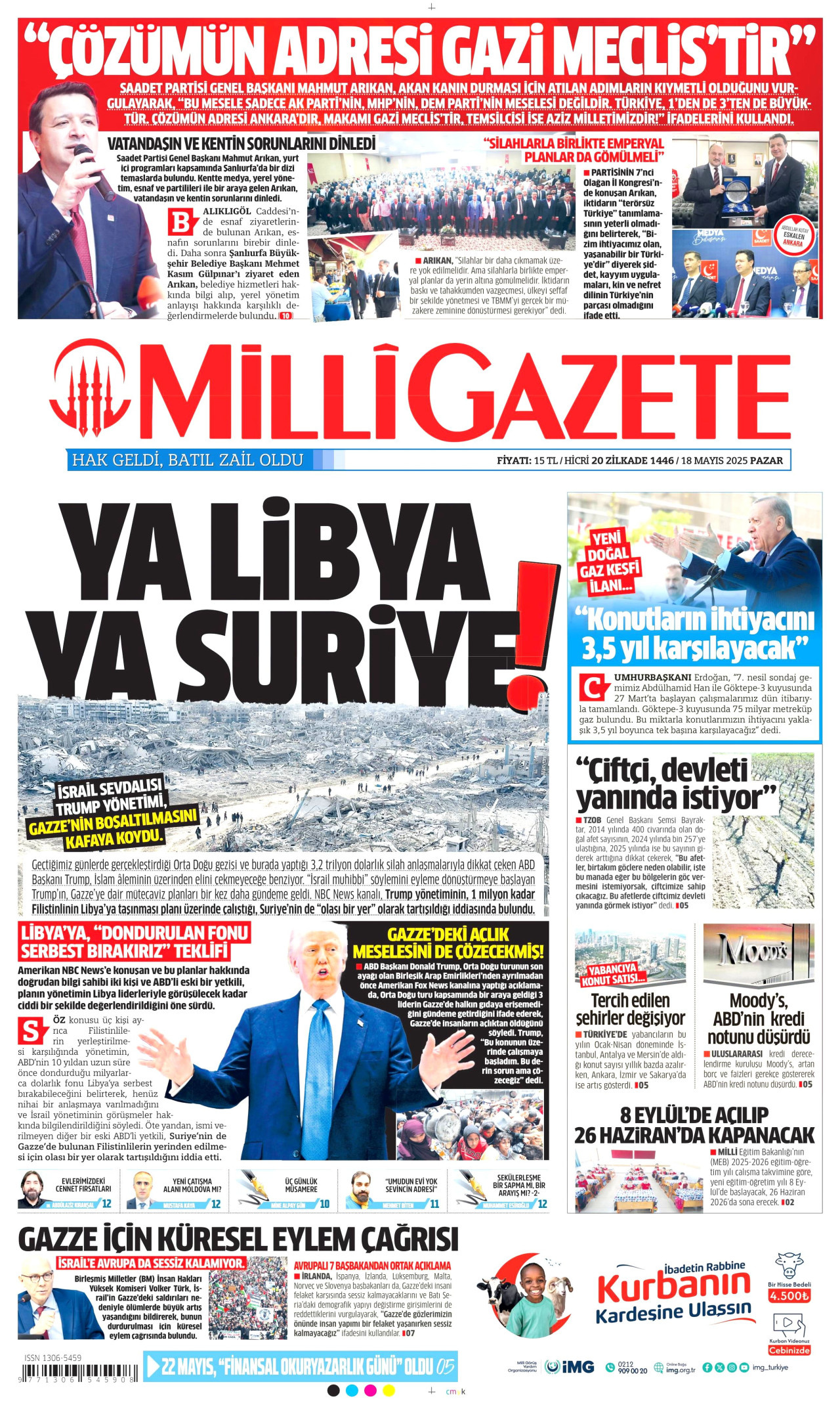 MİLLİ GAZETE gazetesinin 18 Mayıs 2025 tarihli birinci sayfası