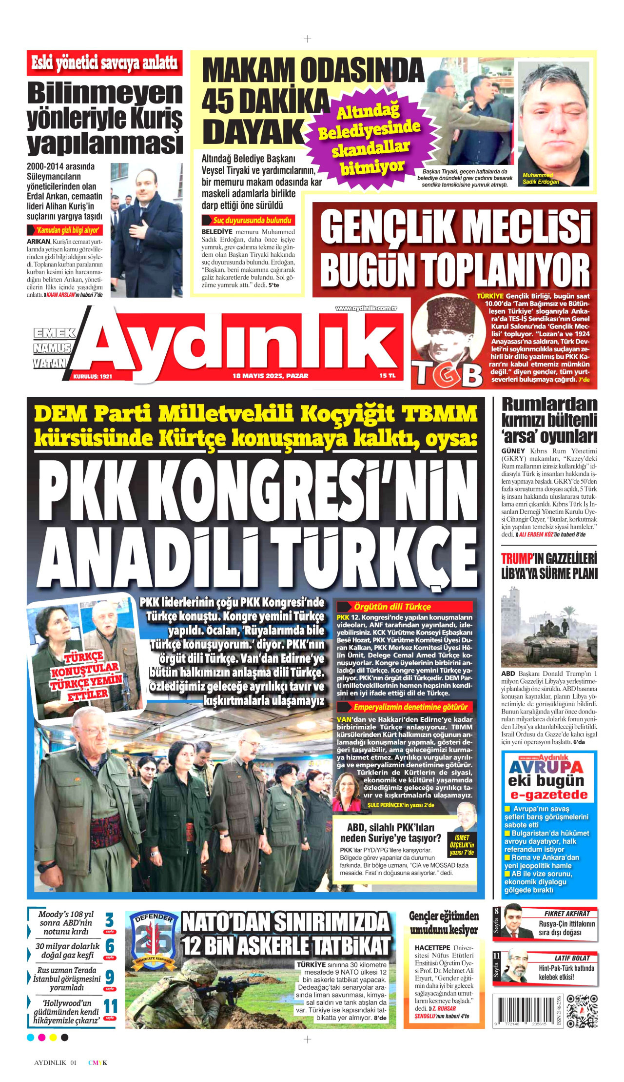 AYDINLIK GAZETESİ gazetesinin 18 Mayıs 2025 tarihli birinci sayfası