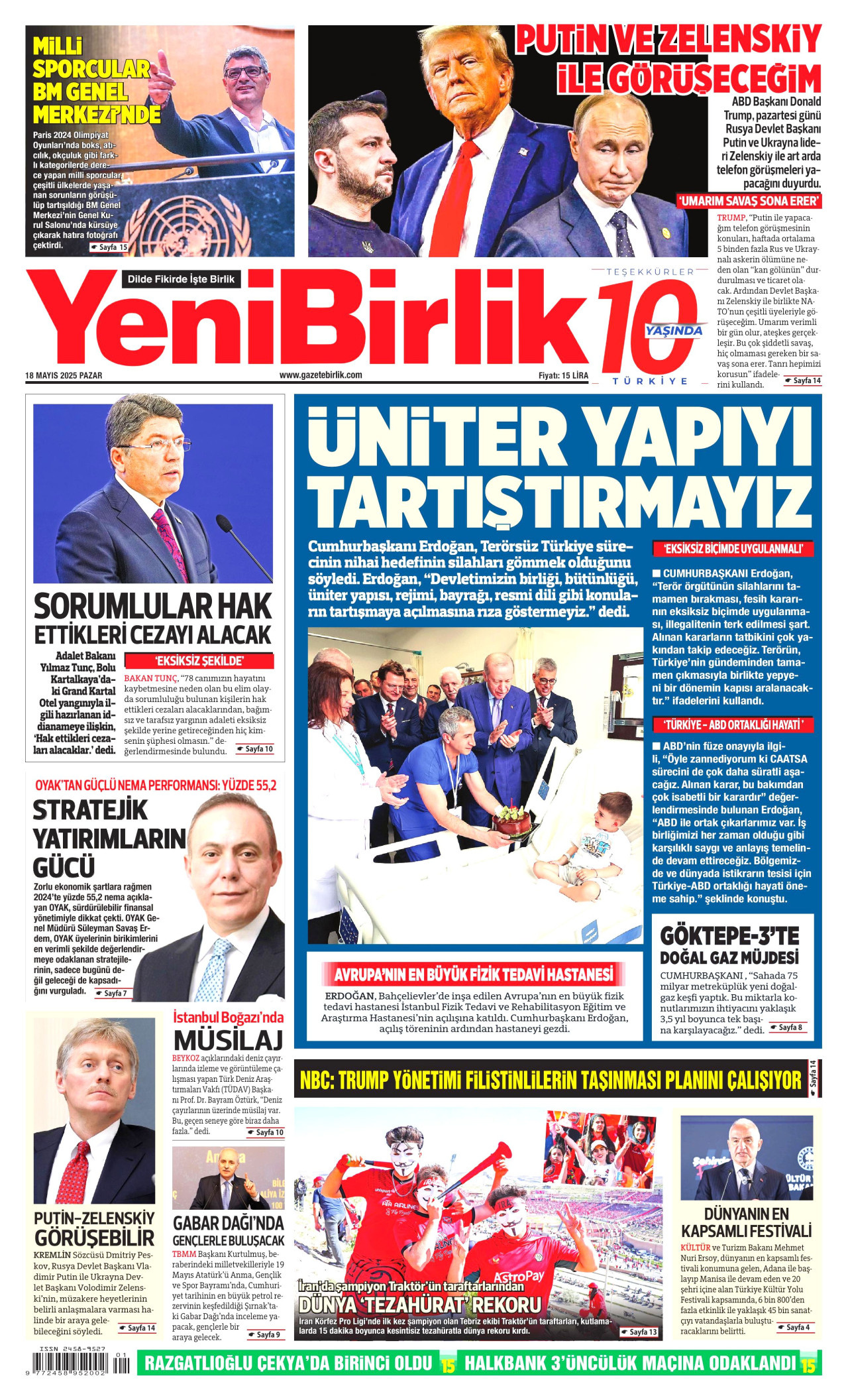 YENİBİRLİK gazetesinin 18 Mayıs 2025 tarihli birinci sayfası