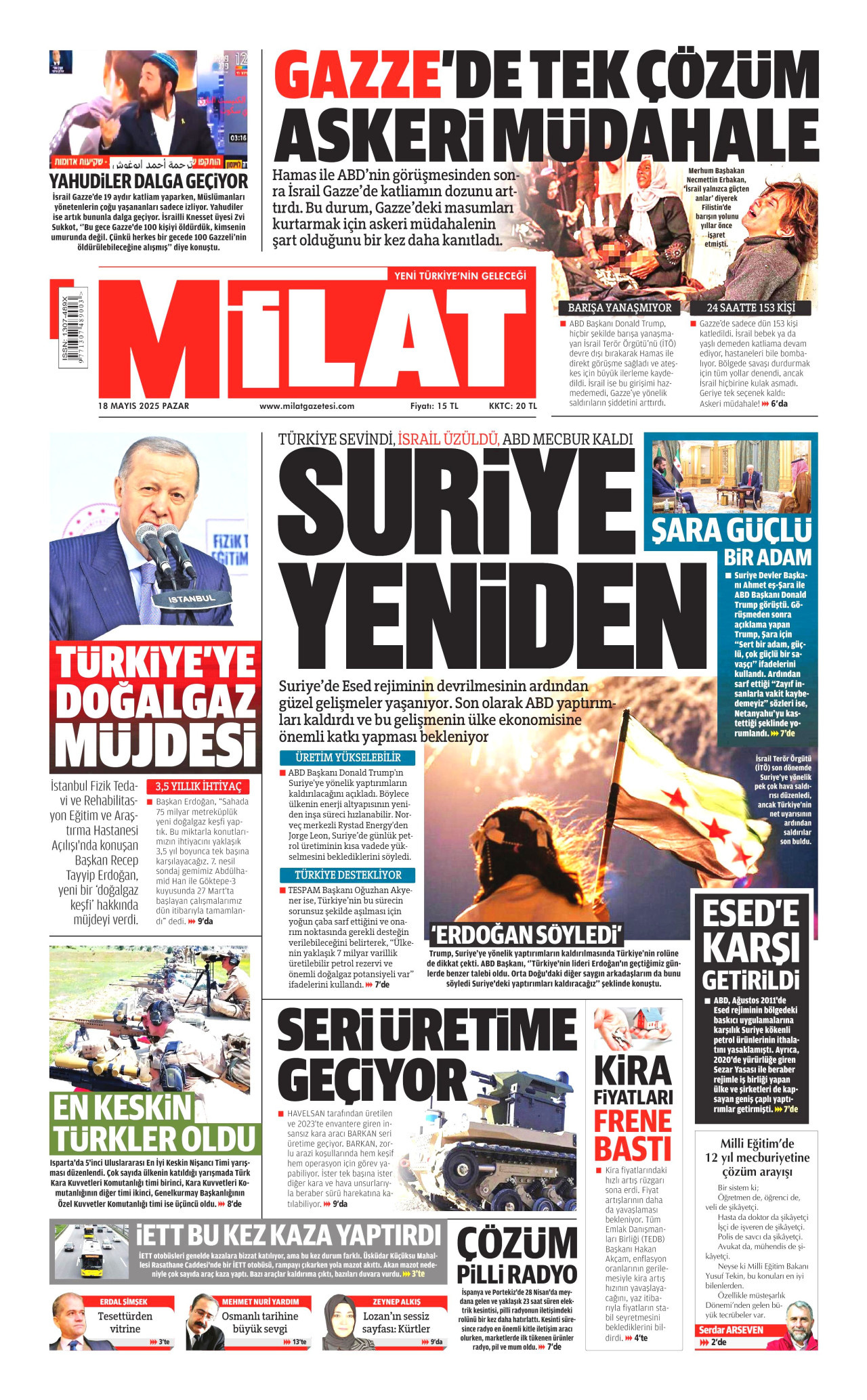 MİLAT gazetesinin 18 Mayıs 2025 tarihli birinci sayfası