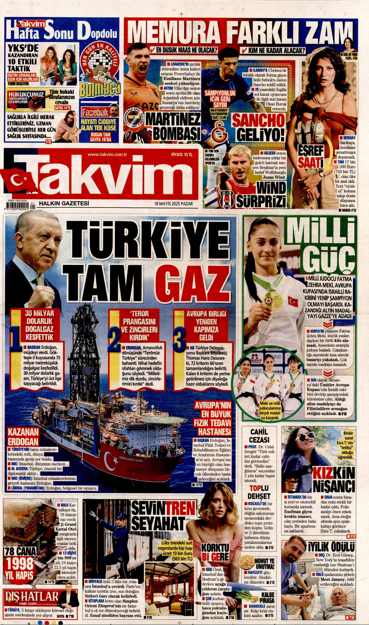 TAKVİM gazetesinin 18 Mayıs 2025 tarihli birinci sayfası