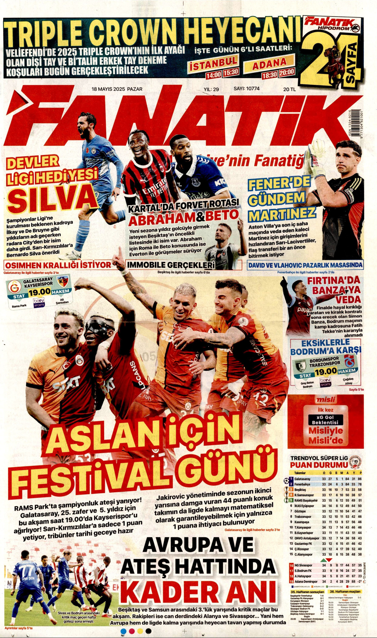 FANATİK gazetesinin 18 Mayıs 2025 tarihli birinci sayfası