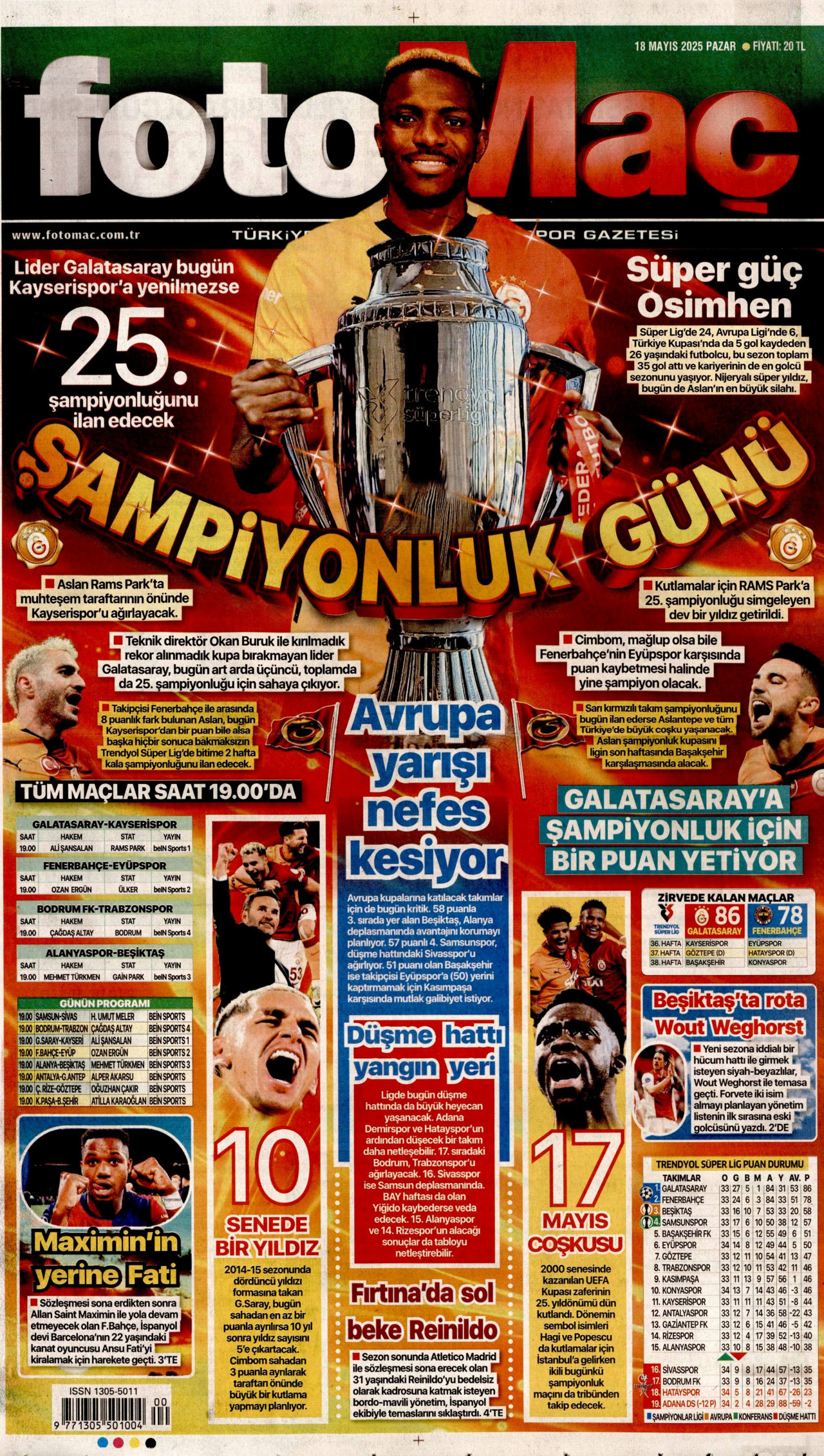 FOTOMAÇ gazetesinin 18 Mayıs 2025 tarihli birinci sayfası