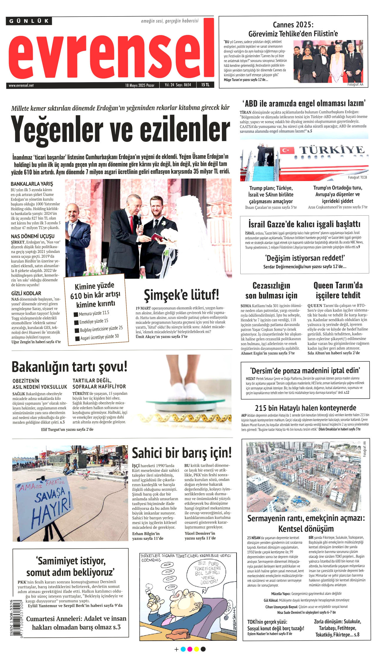 EVRENSEL gazetesinin 18 Mayıs 2025 tarihli birinci sayfası